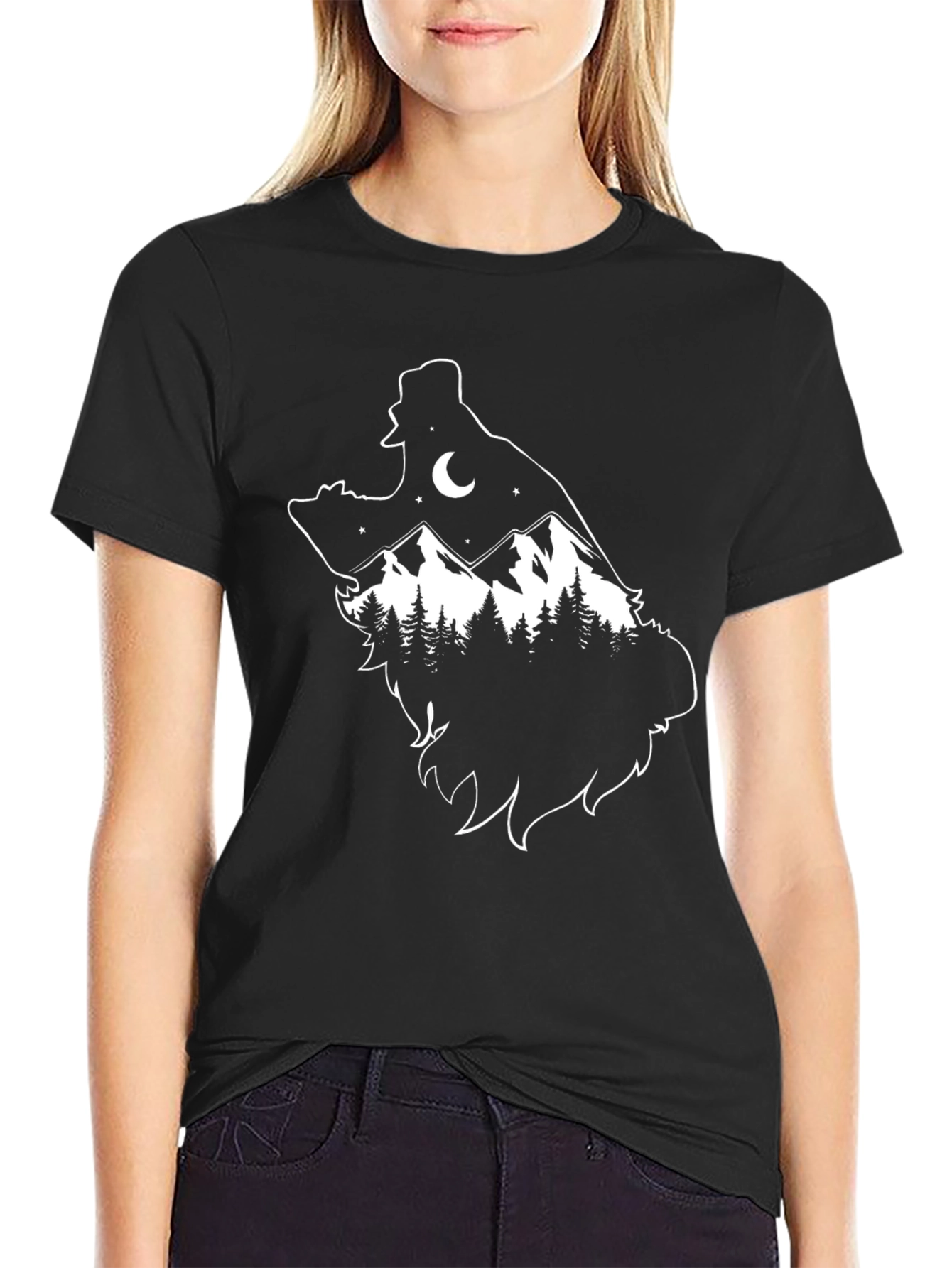 Black Wolf Mountain Scene T-Shirt - Black view 2