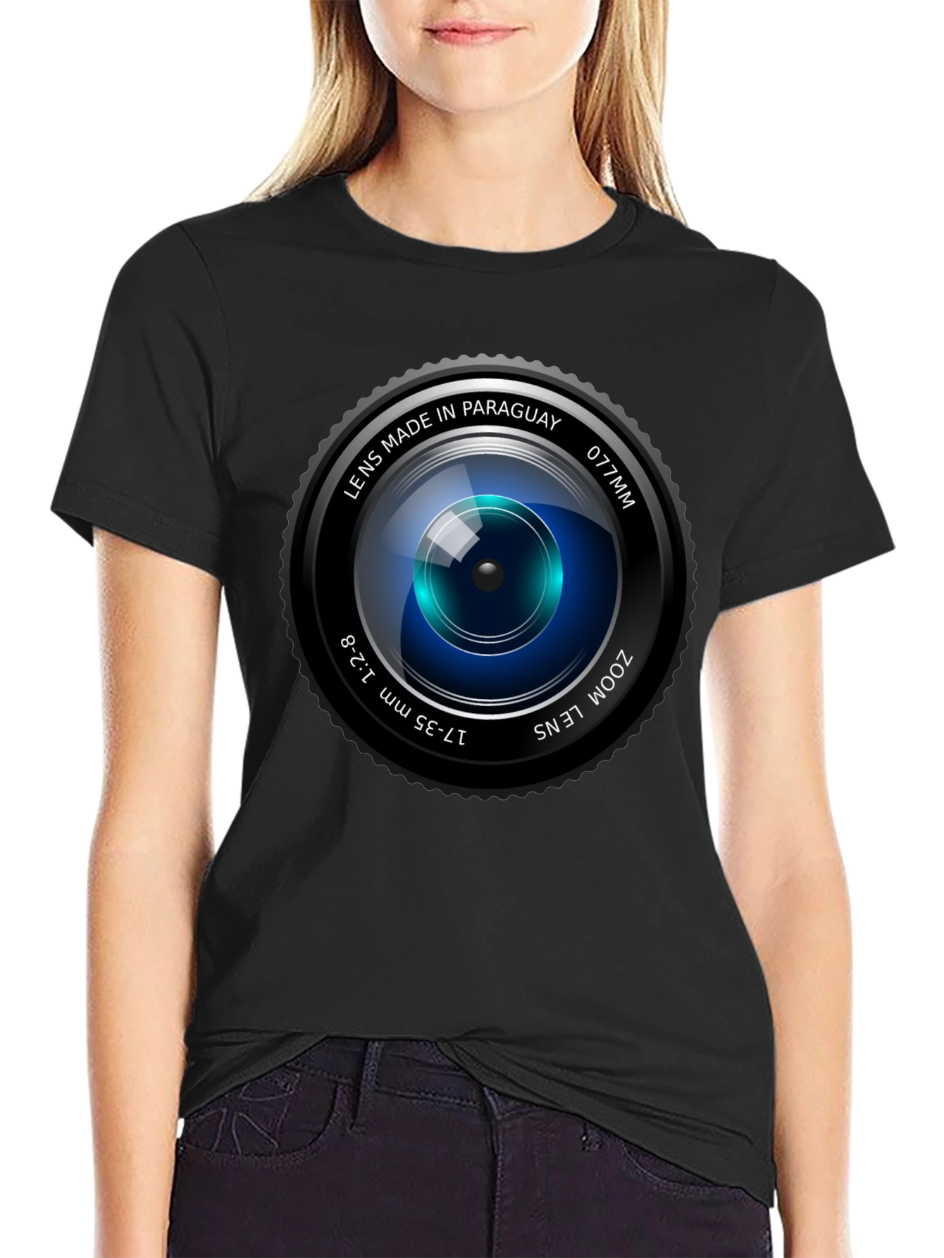 Black Camera Lens Graphic Print Crew Neck T-Shirt view 2
