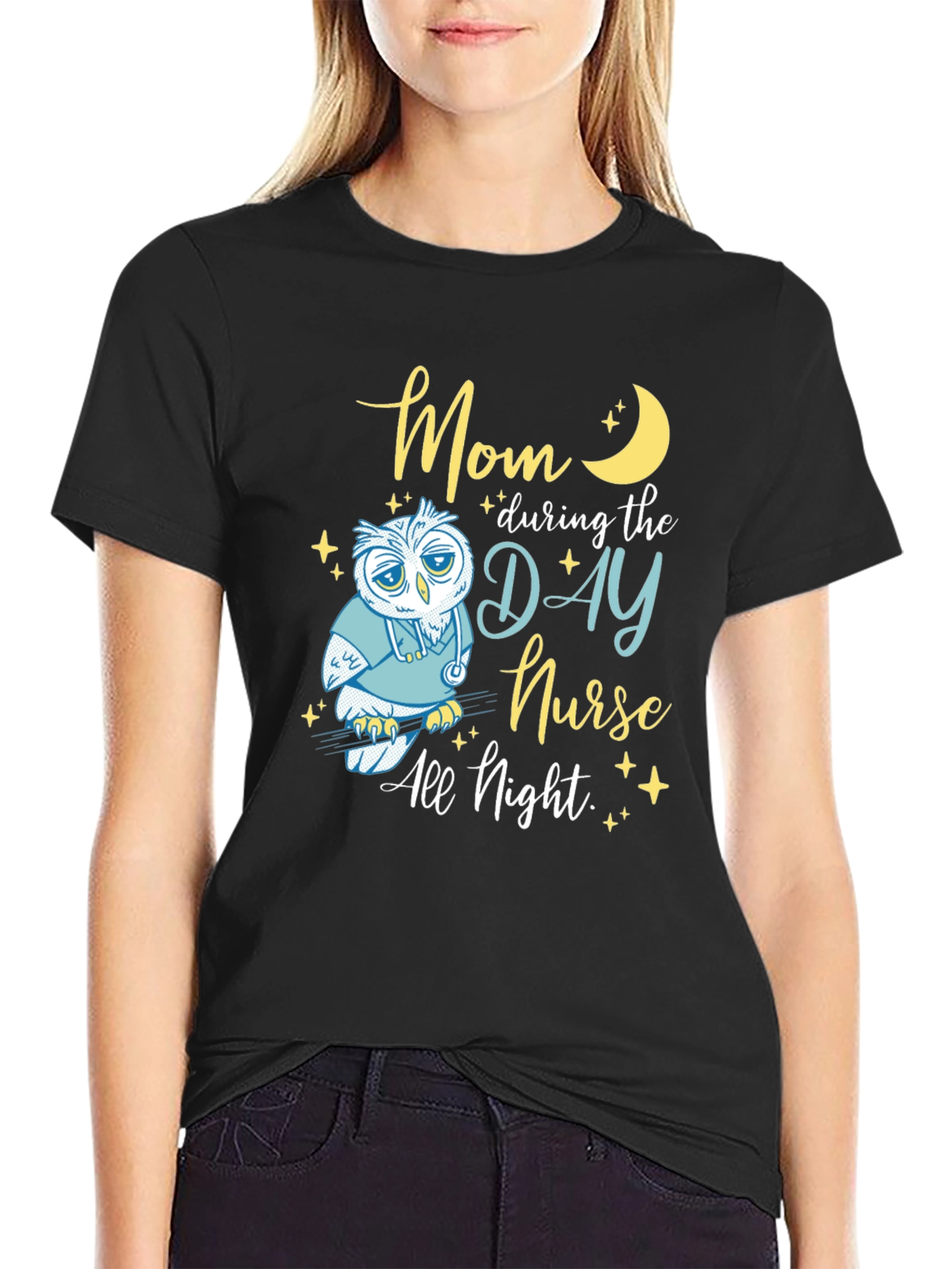 Black Mom Day Nurse, Night Owl T-Shirt - Soft Cotton Blend view 2