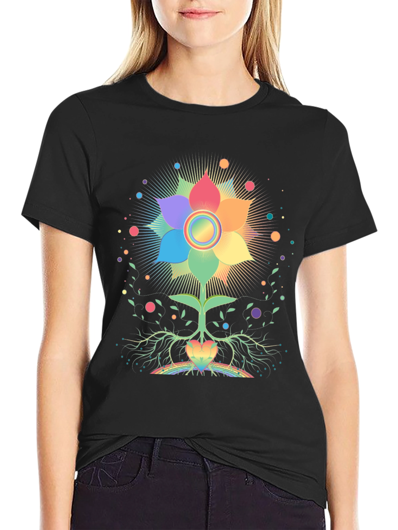 Black Rainbow Flower Chakra Tree Black T-Shirt view 2