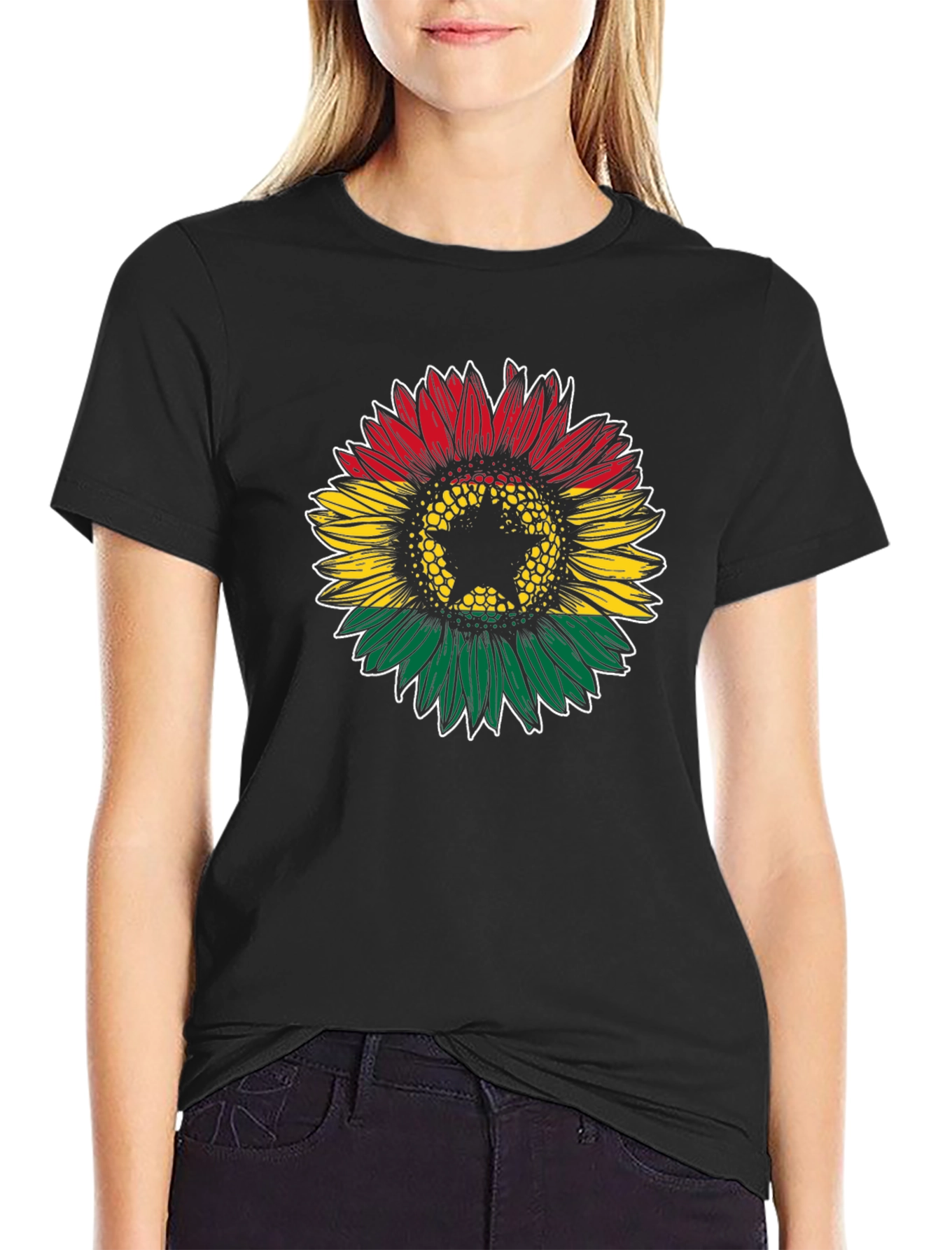 Black Ghana Flag Sunflower Graphic T-Shirt view 2