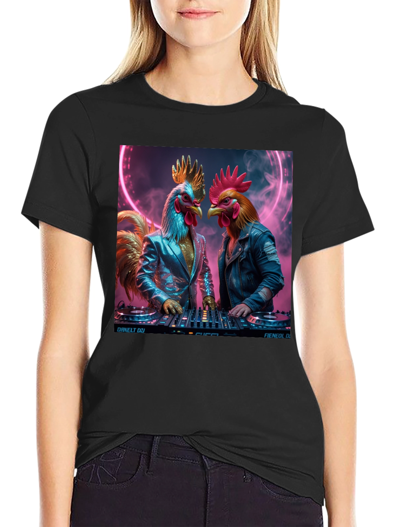 Black DJ Rooster Graphic Tee - Cool Novelty T-Shirt view 2