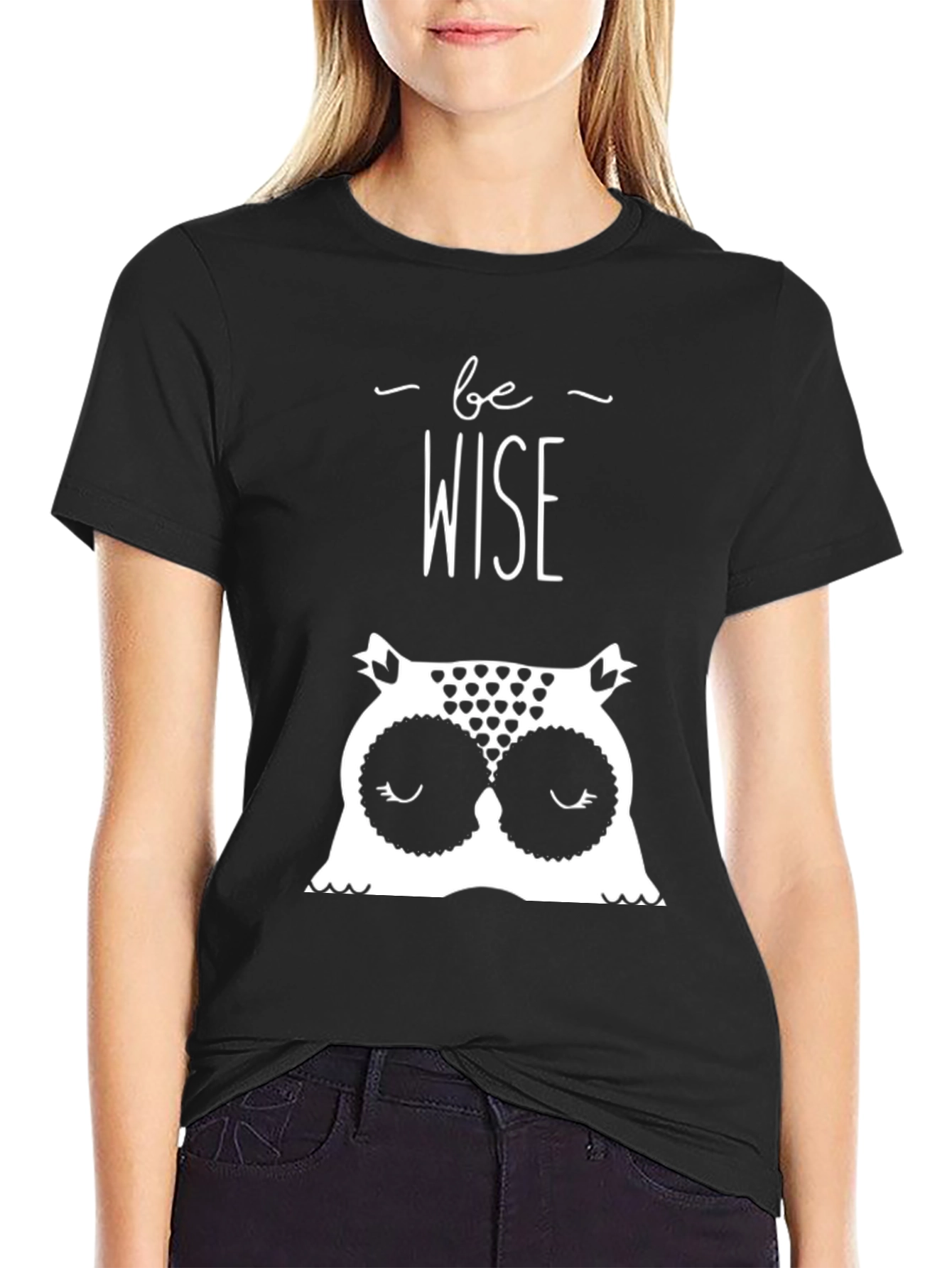 Black Be Wise Owl Graphic T-Shirt - Black Cotton Tee view 2