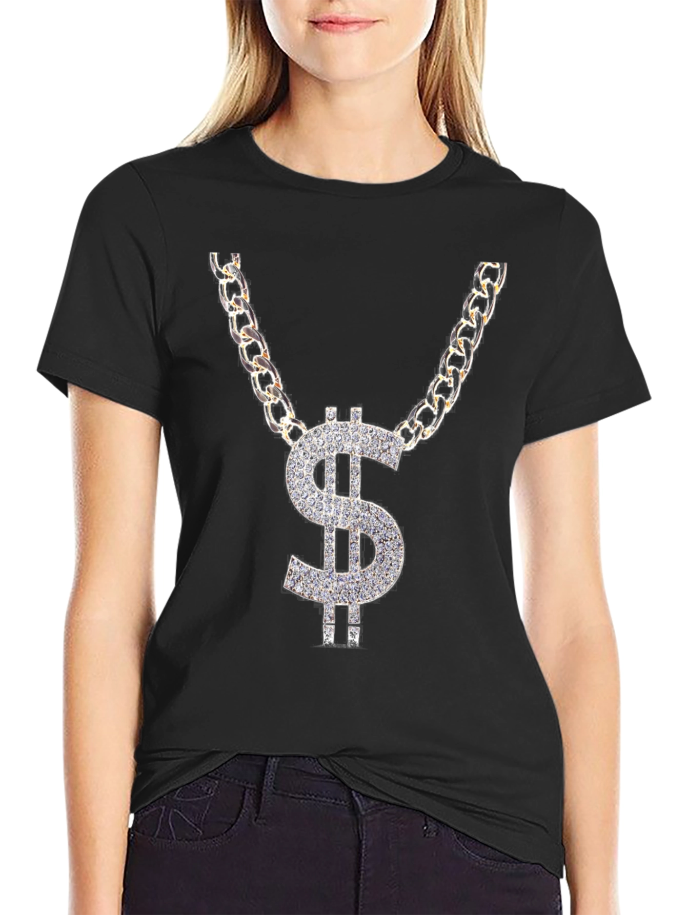 Black Dollar Sign Chain Graphic T-Shirt view 2
