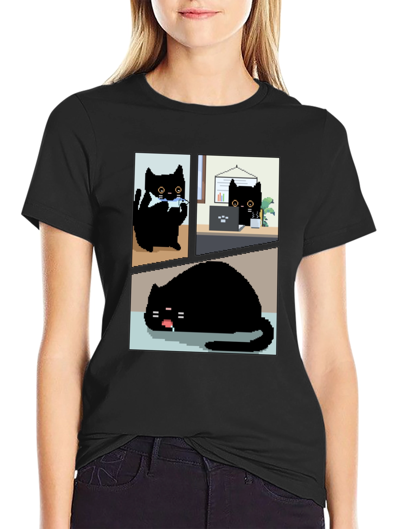 Black Pixel Black Cat T-Shirt - Cute & Funny view 2