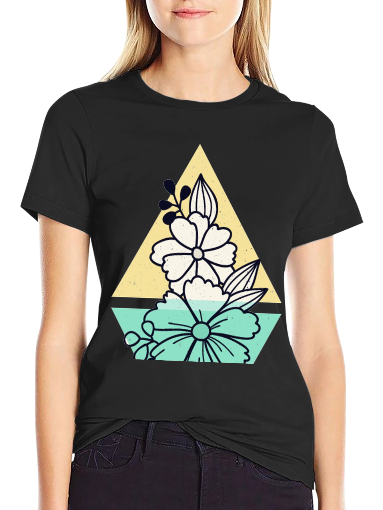 Black Floral Triangle Graphic T-Shirt view 2