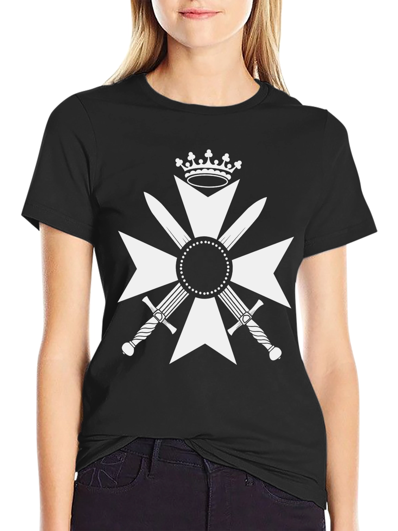 Black Crossed Swords Crown Black Tee - Bold Graphic Design view 2