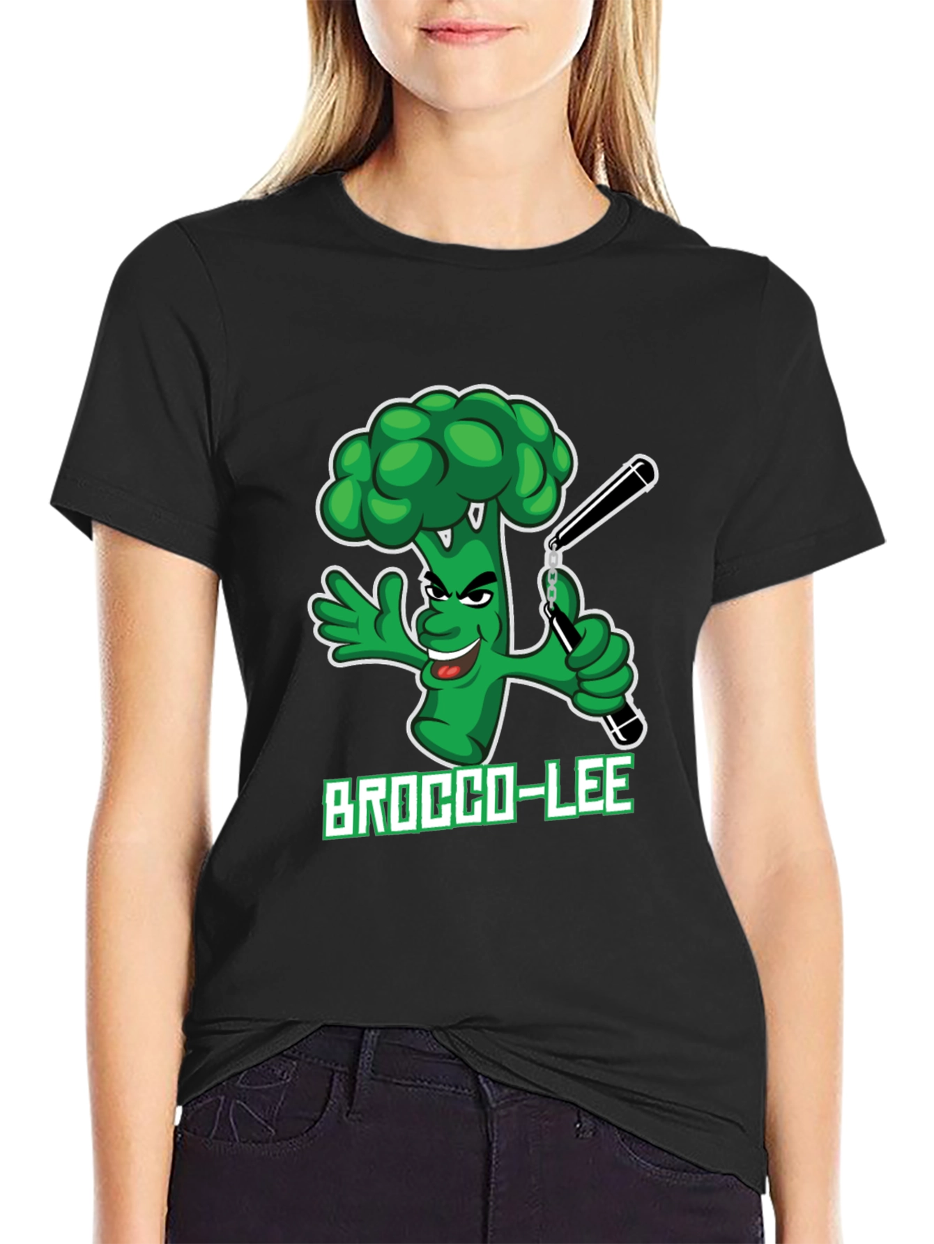 Black Brocco-Lee T-Shirt: Funny Broccoli Karate Tee view 2