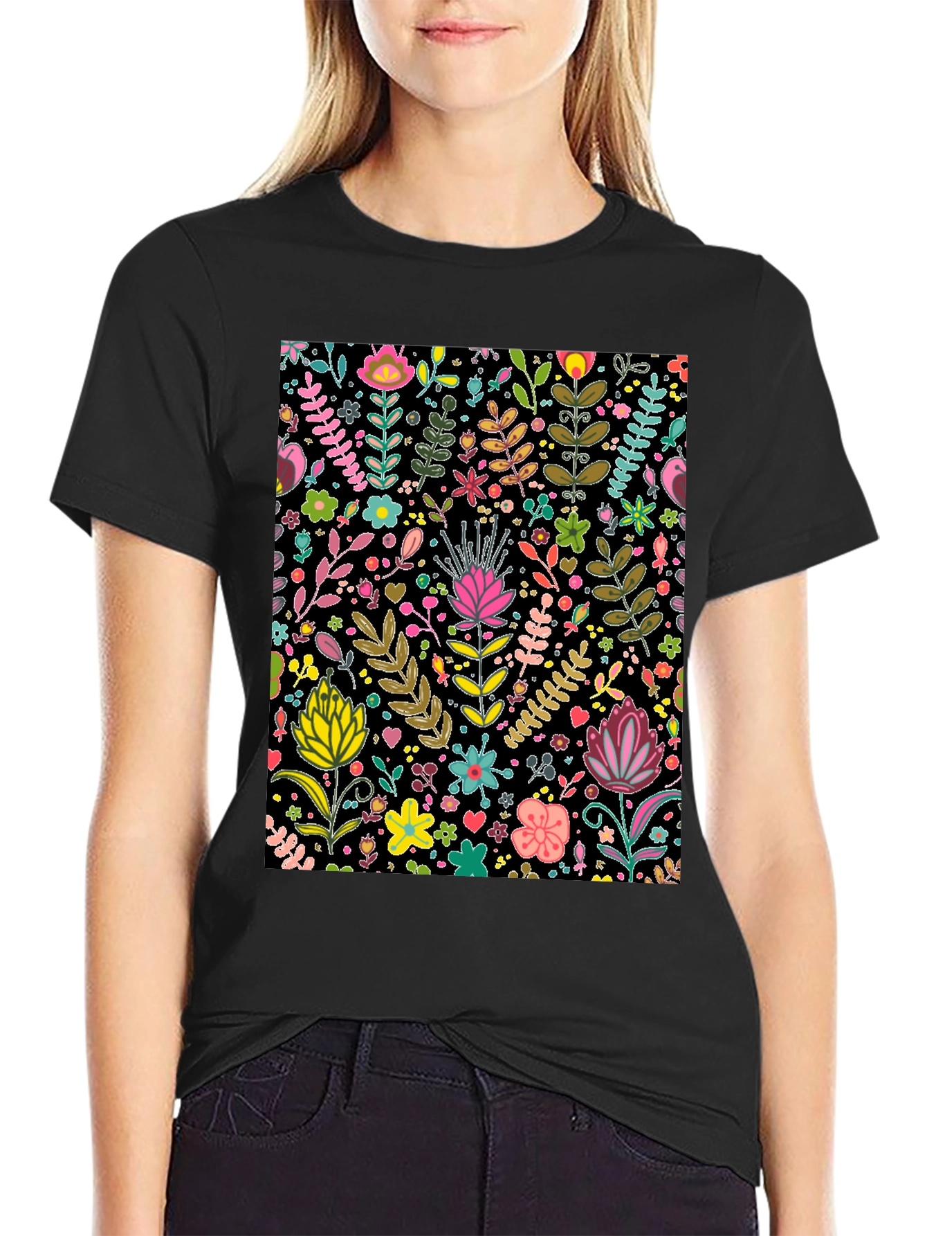 Black Floral Patterned Black T-Shirt view 2