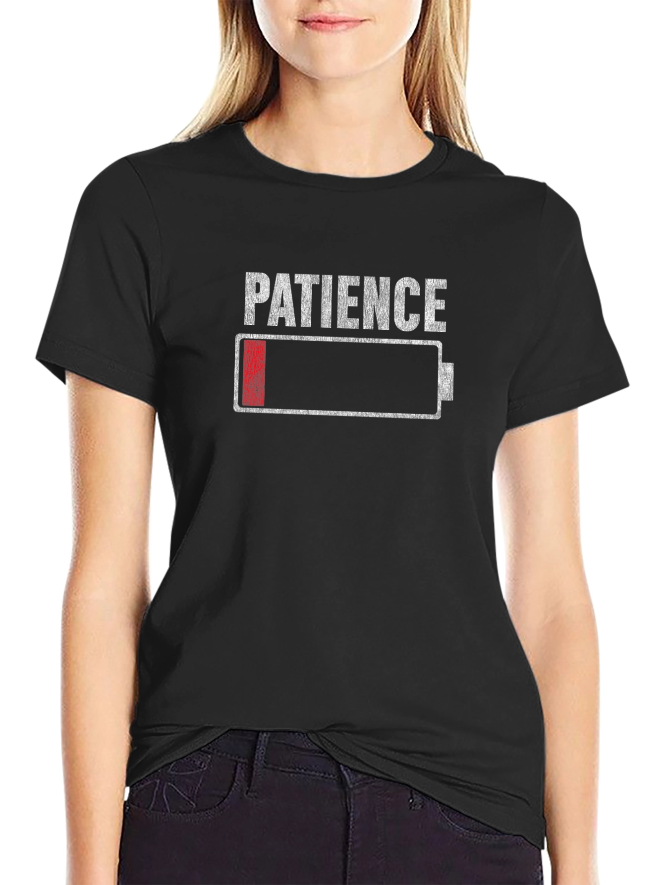 Black Patience Low Battery Funny Graphic T-Shirt view 2