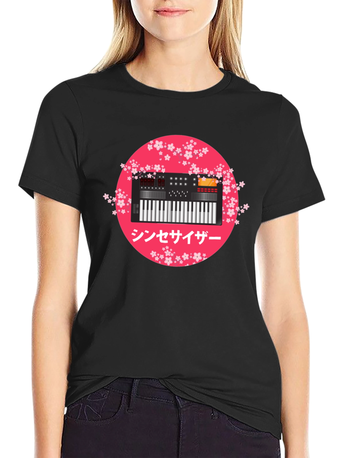 Black Synthesizer Sakura Graphic Tee view 2