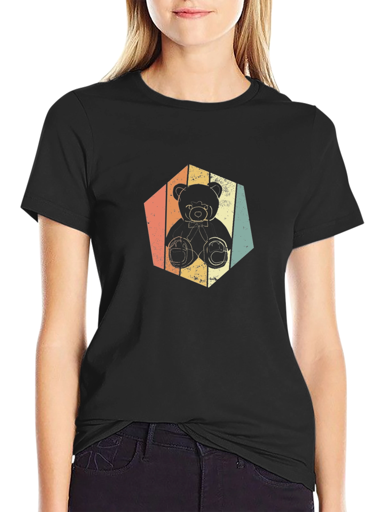 Black Retro Teddy Bear Graphic Tee - Soft Black T-Shirt view 2