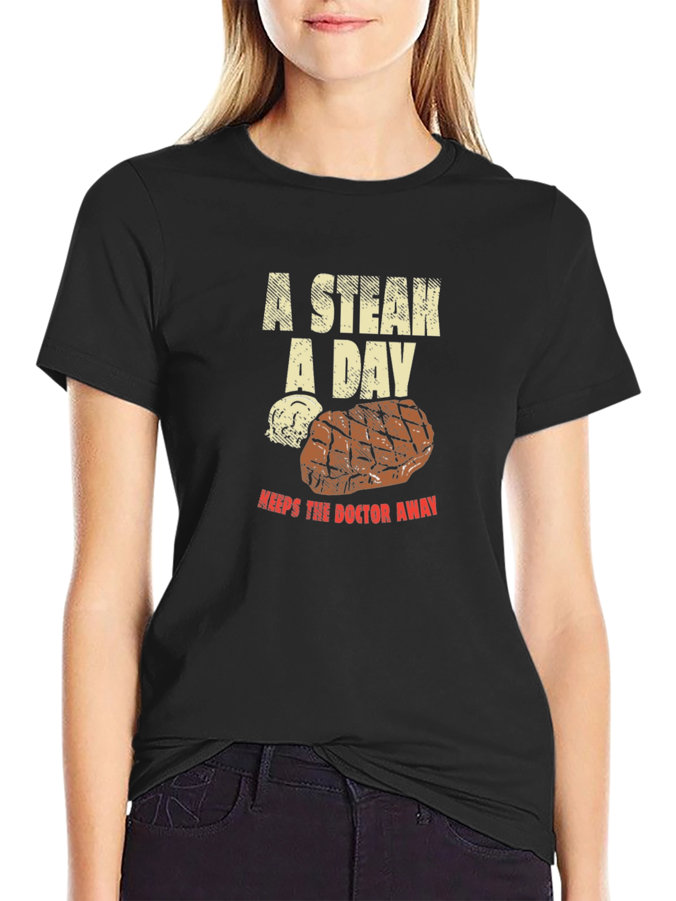 Black Funny Steak Lover T-Shirt - A Steak A Day Graphic Tee view 2