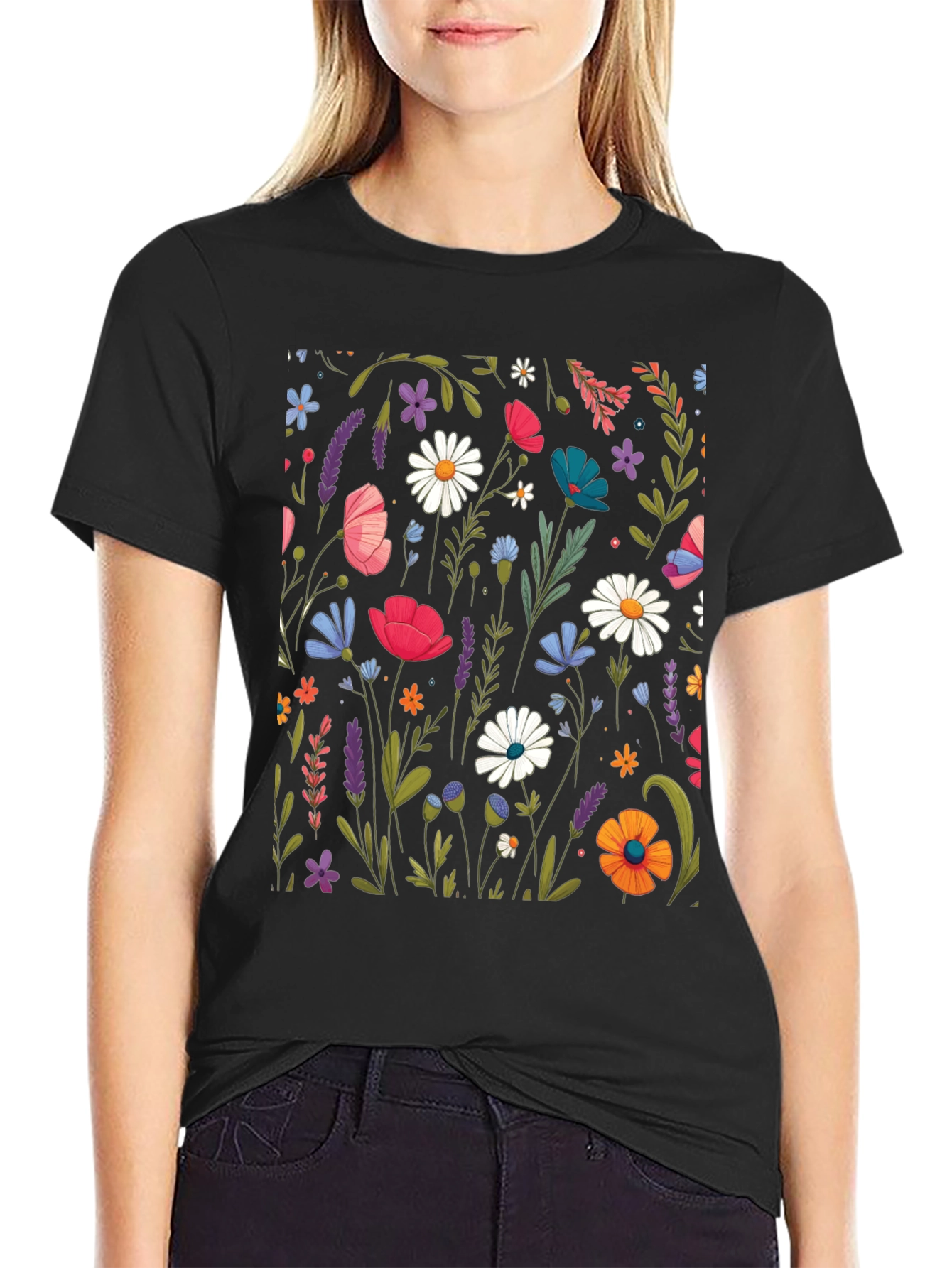 Black Floral Print Black T-Shirt view 2