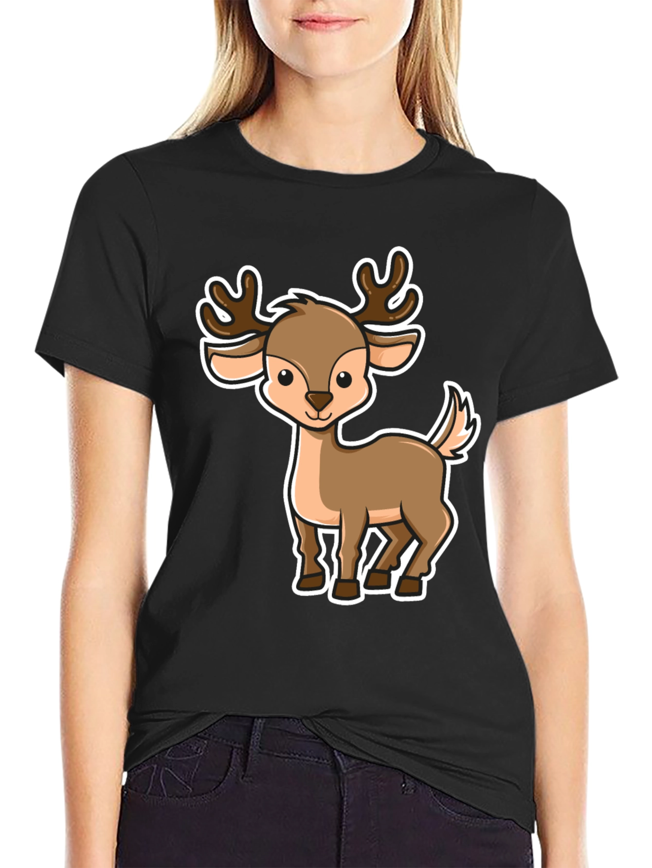 Black Cute Cartoon Deer Graphic Tee view 2