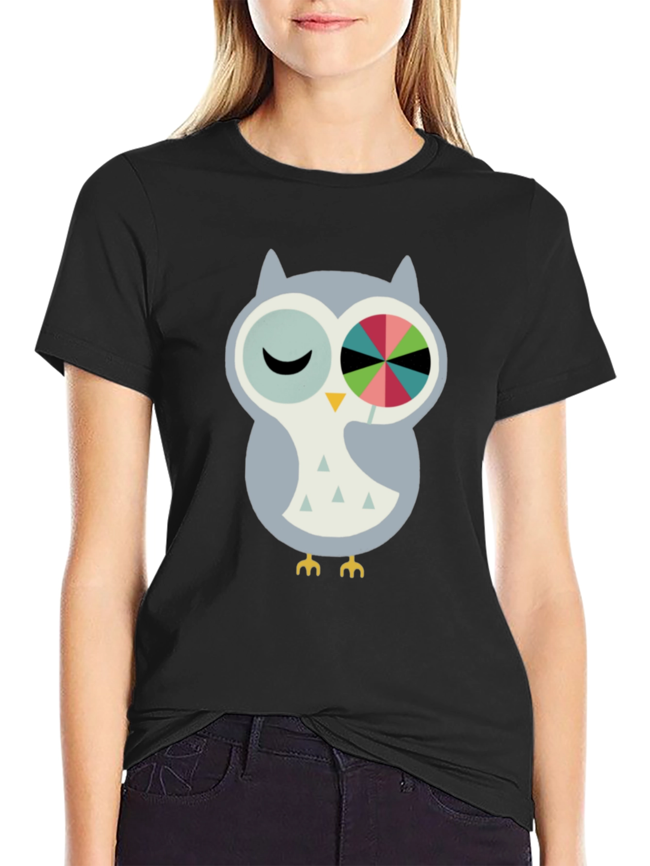 Black Whimsical Owl Graphic Tee - Cotton Blend Comfort view 2