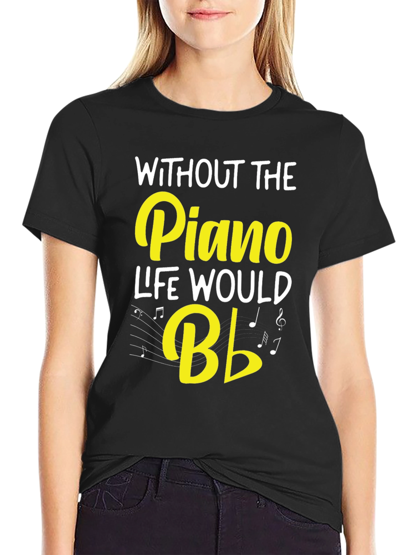 Black Piano Music T-Shirt - Without the Piano Life Would B Flat view 2