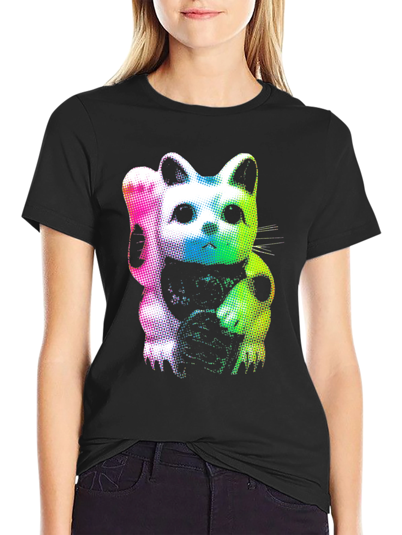 Black Lucky Cat Graphic Tee - Vibrant & Stylish view 2