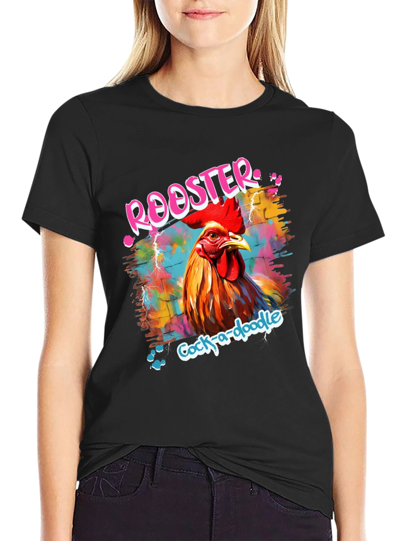 Black Rooster Graphic Tee - Men's Colorful Cock-a-doodle Shirt view 2