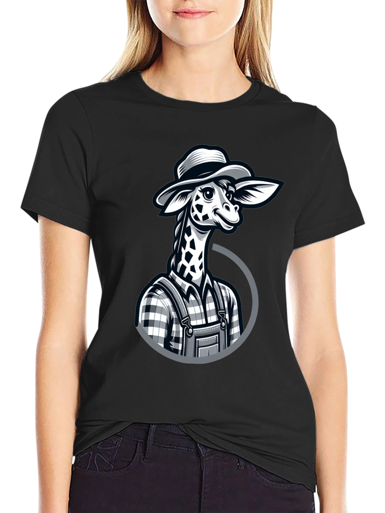 Black Giraffe Farmer Graphic Tee - Novelty Cartoon Animal Shirt view 2
