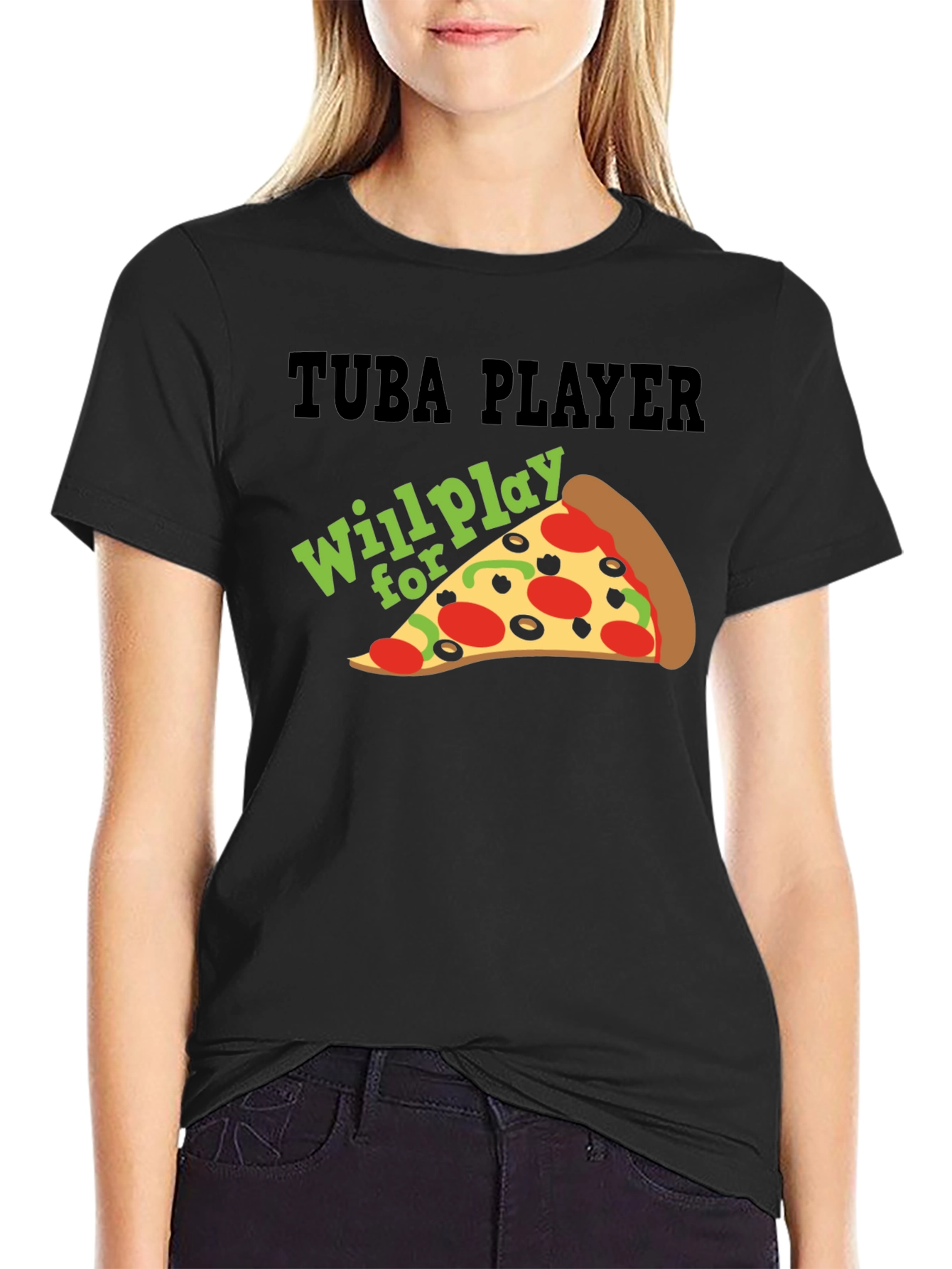 Black Tuba Player Will Play For Pizza Black T-Shirt view 2