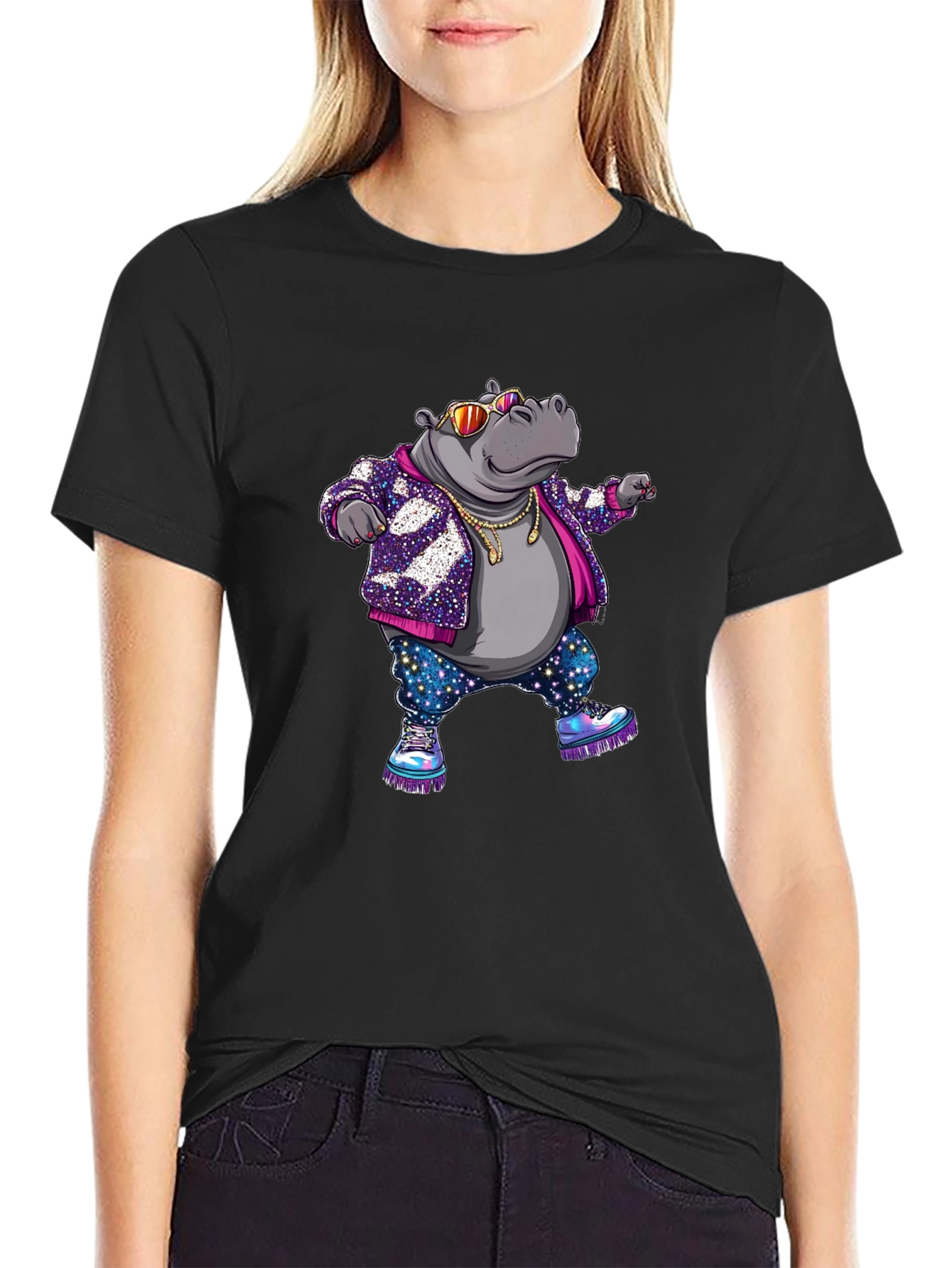 Black Cool Hippo Graphic T-Shirt view 2