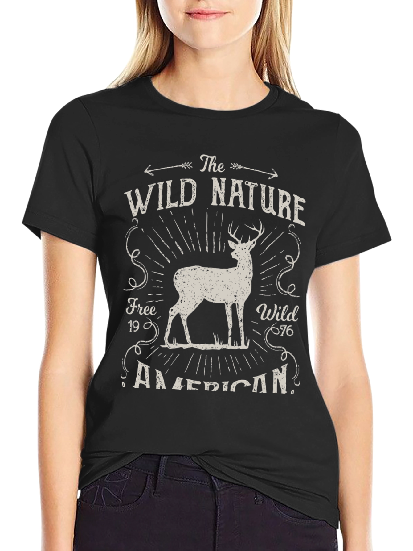 Black Wild Nature Graphic Tee - American Deer Print view 2