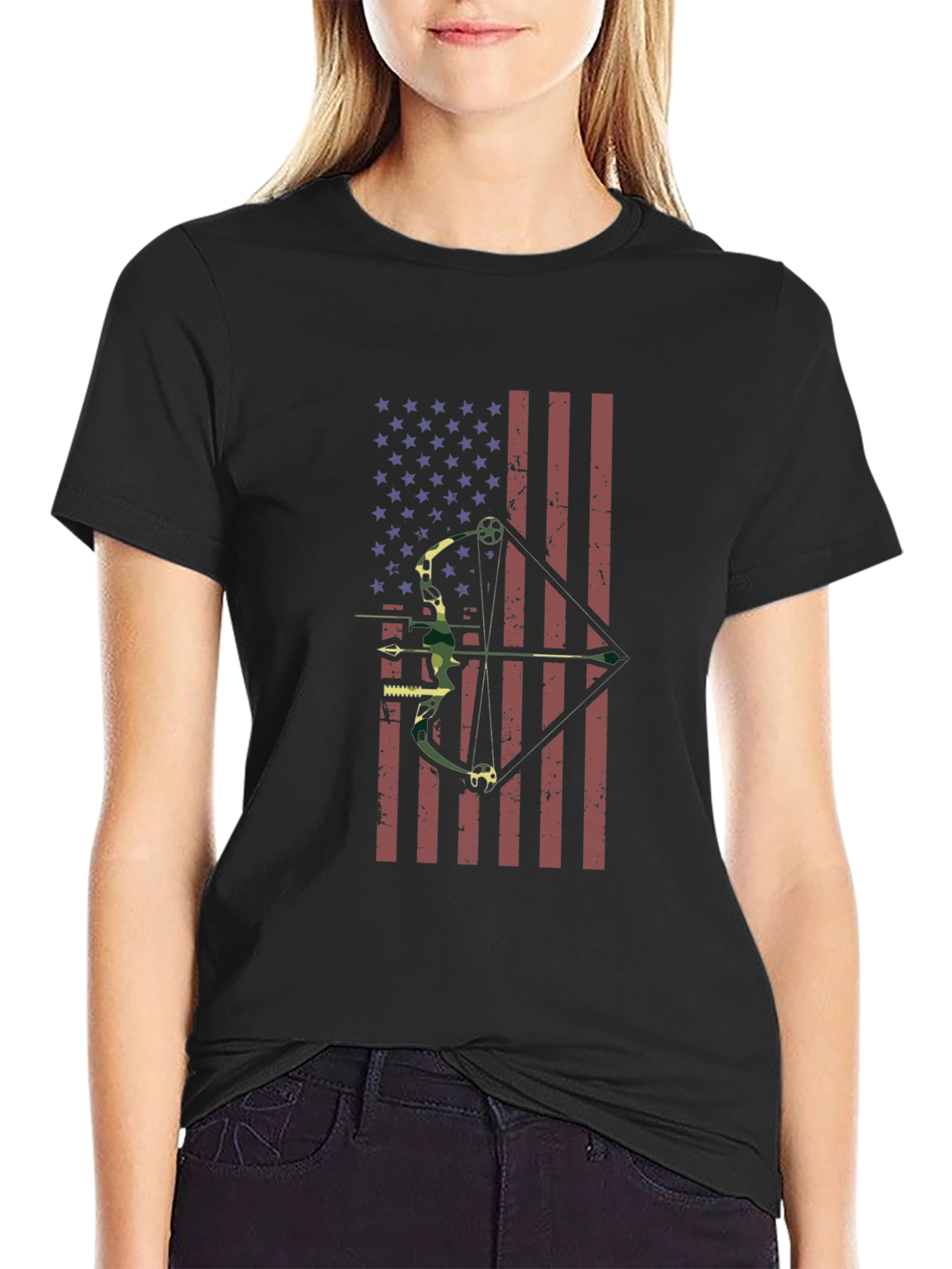 Black American Flag Bow Hunting T-Shirt view 2