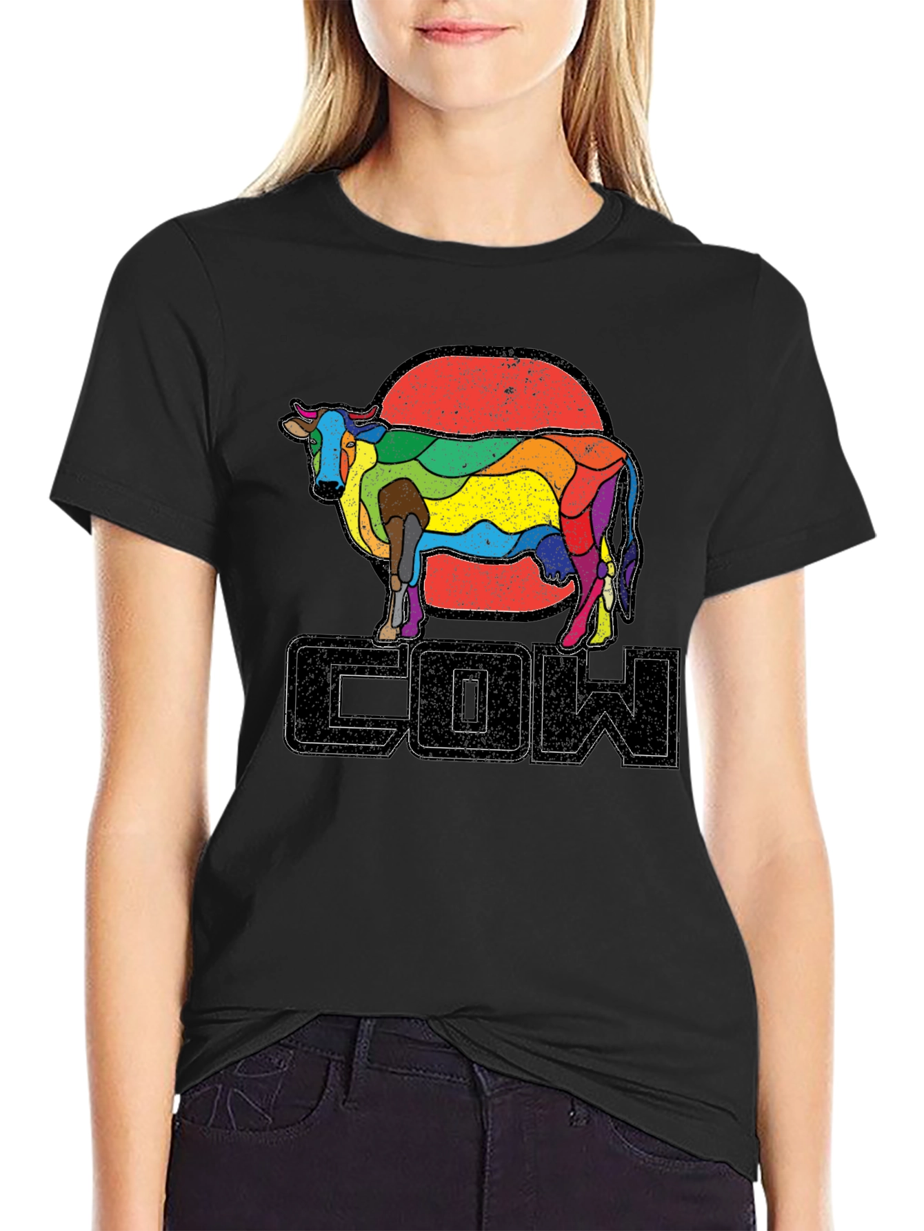 Black Retro Rainbow Cow Graphic T-Shirt view 2