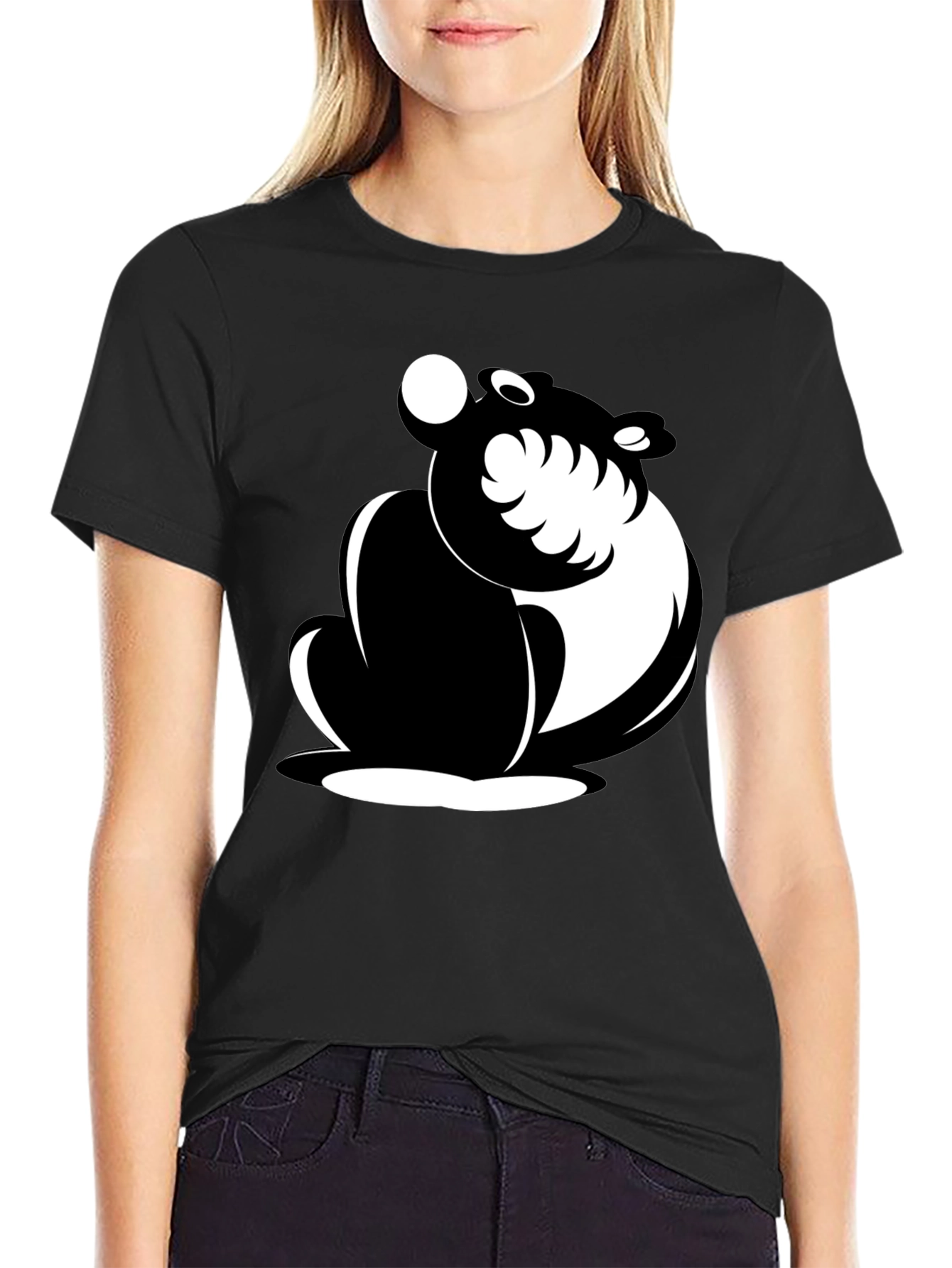 Black Black Cartoon Bear Graphic T-Shirt view 2