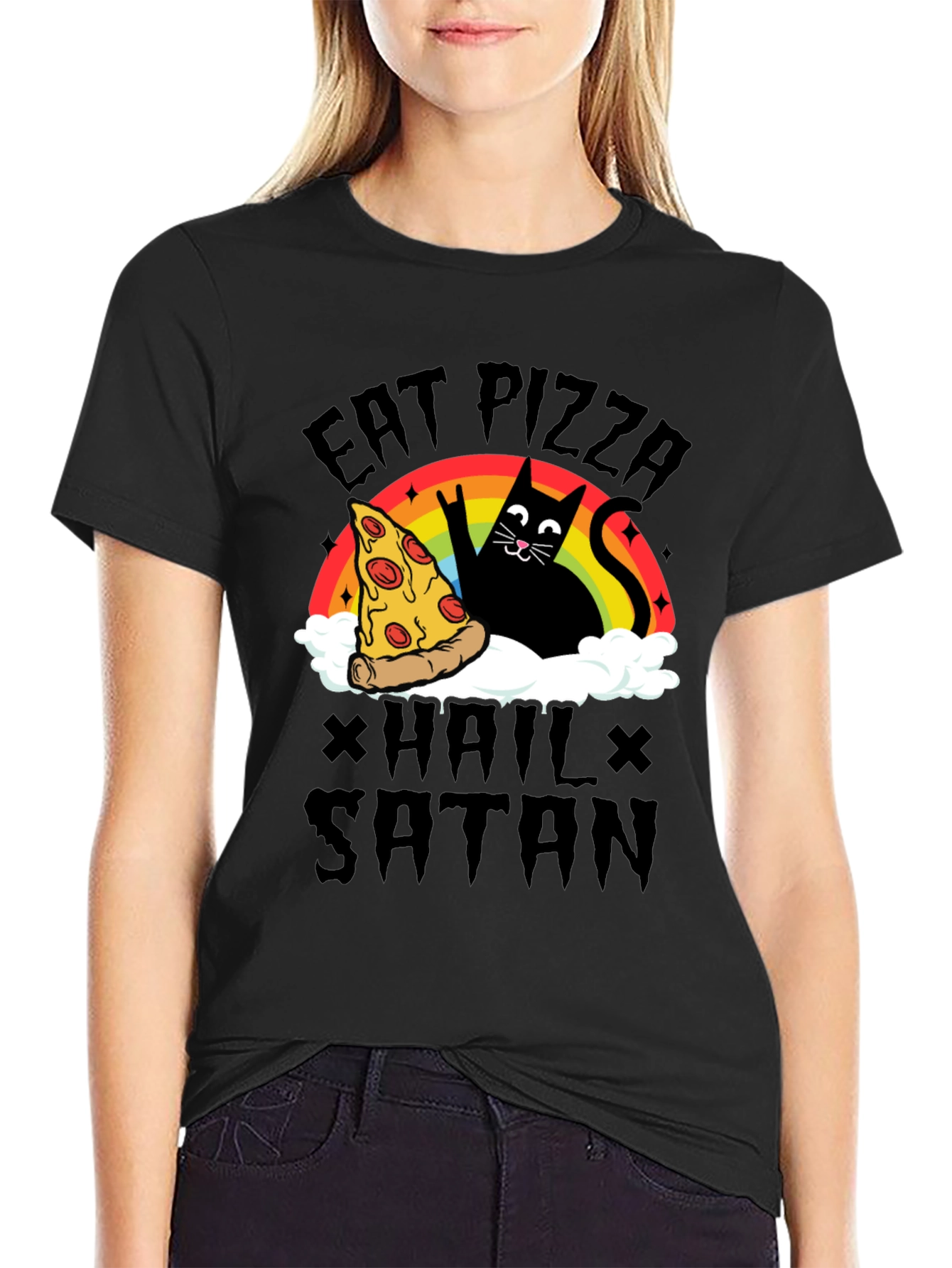 Black Eat Pizza Hail Satan Black Graphic Tee view 2
