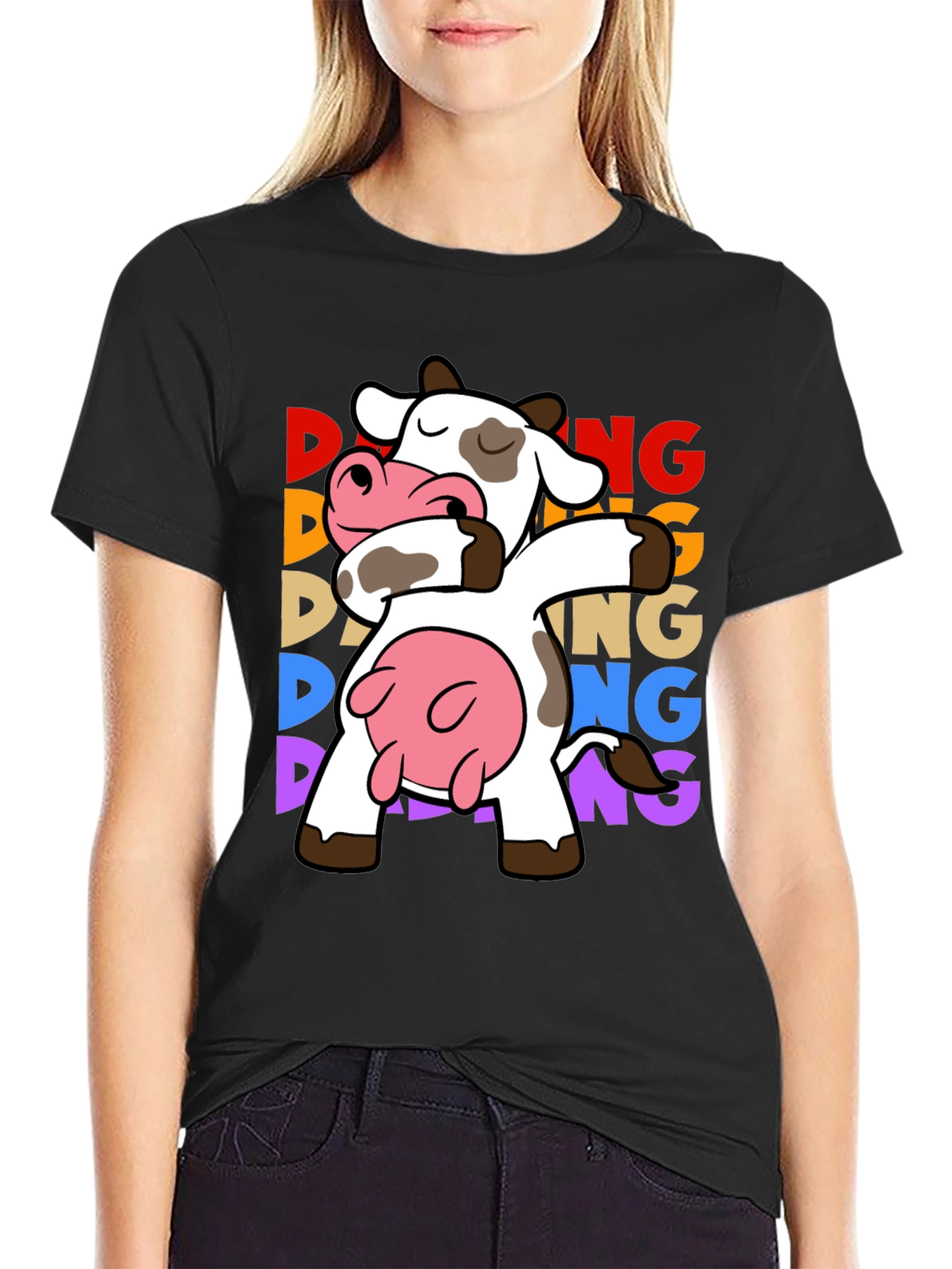 Black Dabbing Cow Graphic Tee - Funny Animal T-Shirt view 2