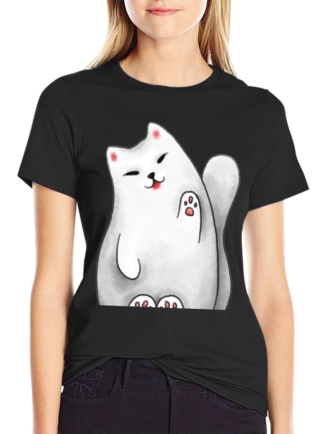 Black Lucky Cat Graphic Tee - Cute Cartoon Style view 2