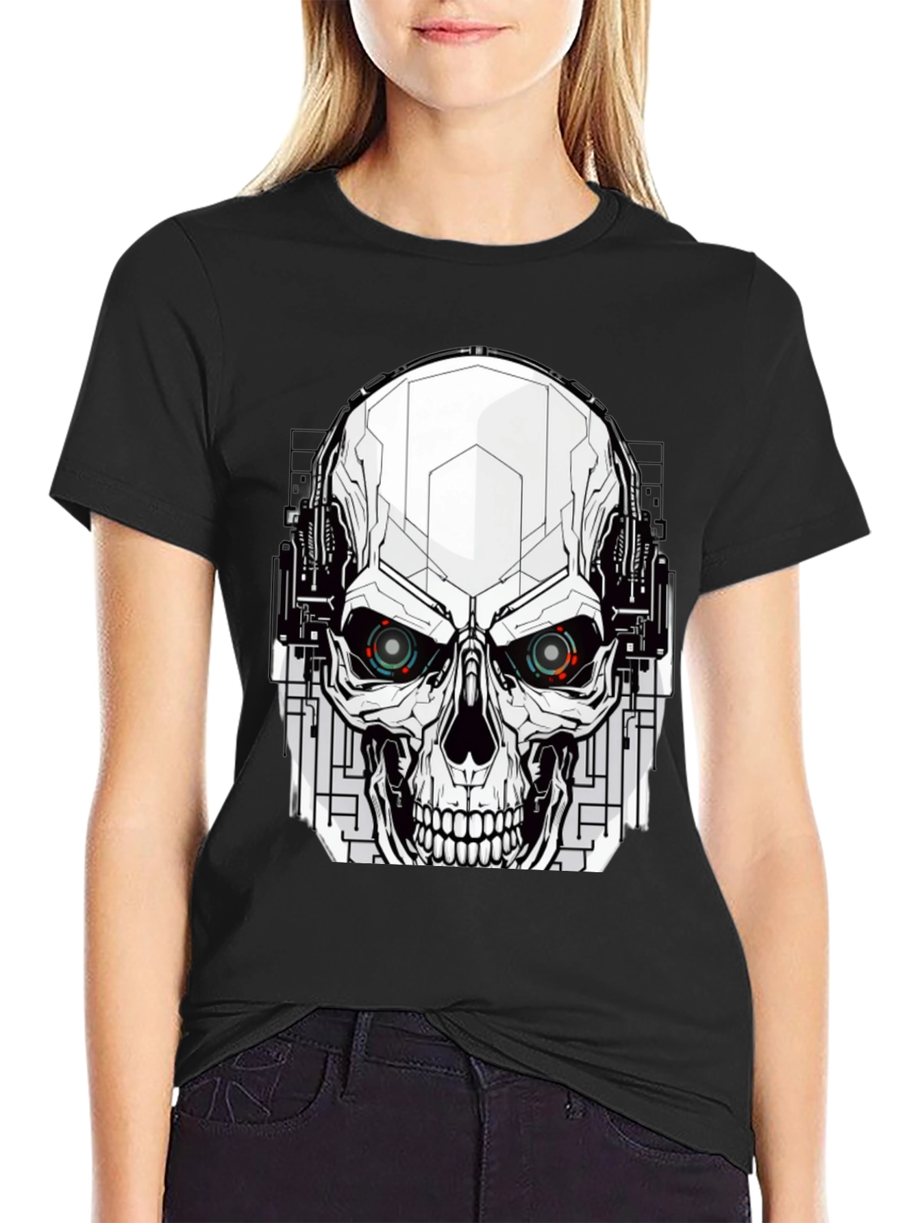 Black Tech Skull Graphic Tee - Edgy Streetwear view 2