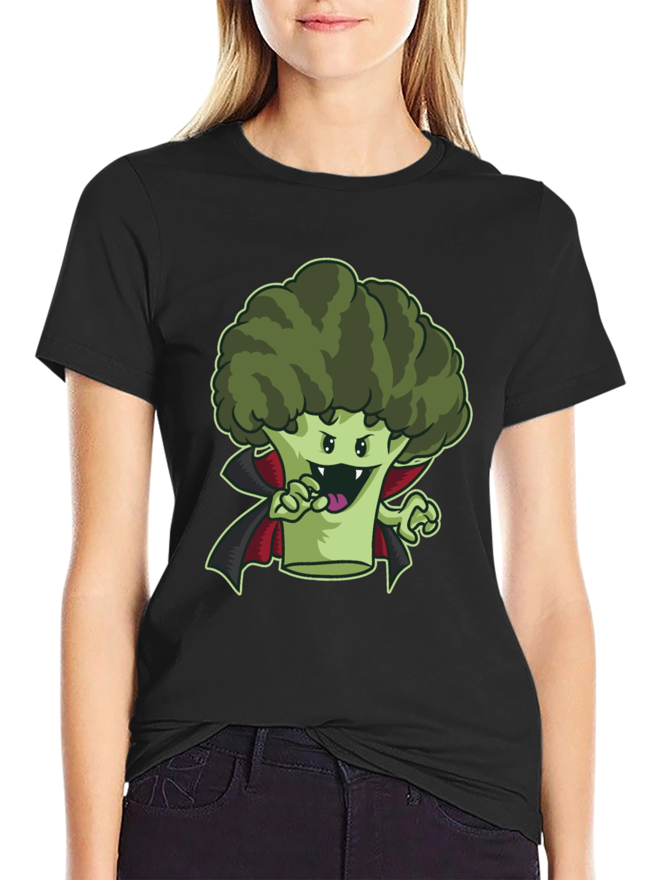 Black Broccoli Vampire Graphic Tee - Funny Halloween Shirt view 2