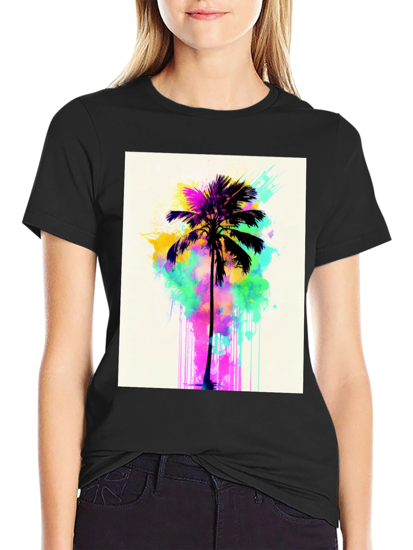 Black Vibrant Palm Tree Graphic Tee - Black Cotton T-Shirt view 2