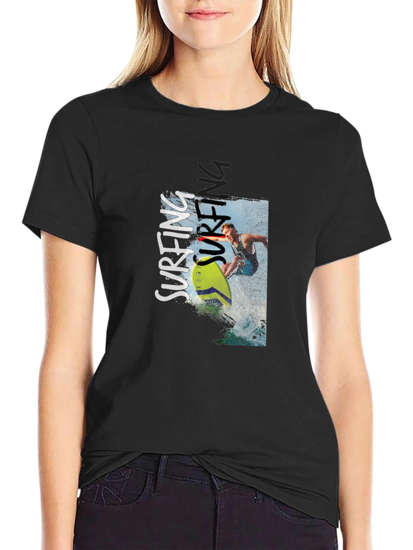 Black Surfing Graphic Print Tee - Black Cotton T-Shirt view 2