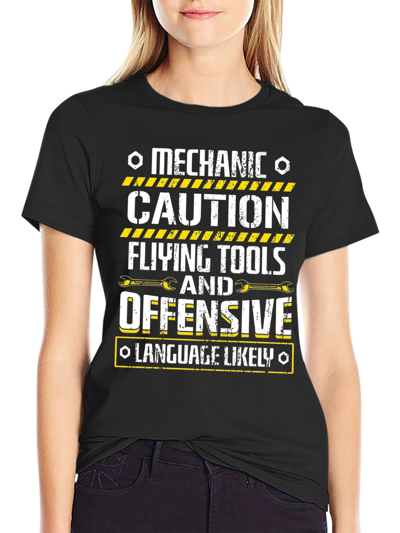 Black Mechanic Caution T-Shirt Funny Offensive Language view 2