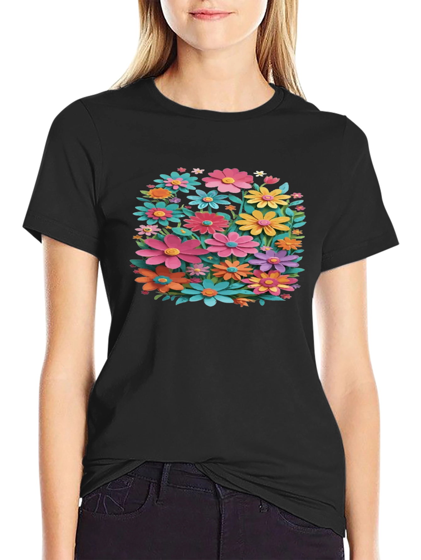 Black Floral T-Shirt - Black, Colorful Flower Design view 2