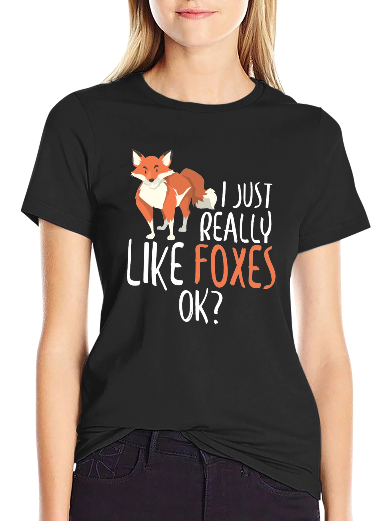 Black I Just Really Like Foxes OK? Black T-Shirt view 2