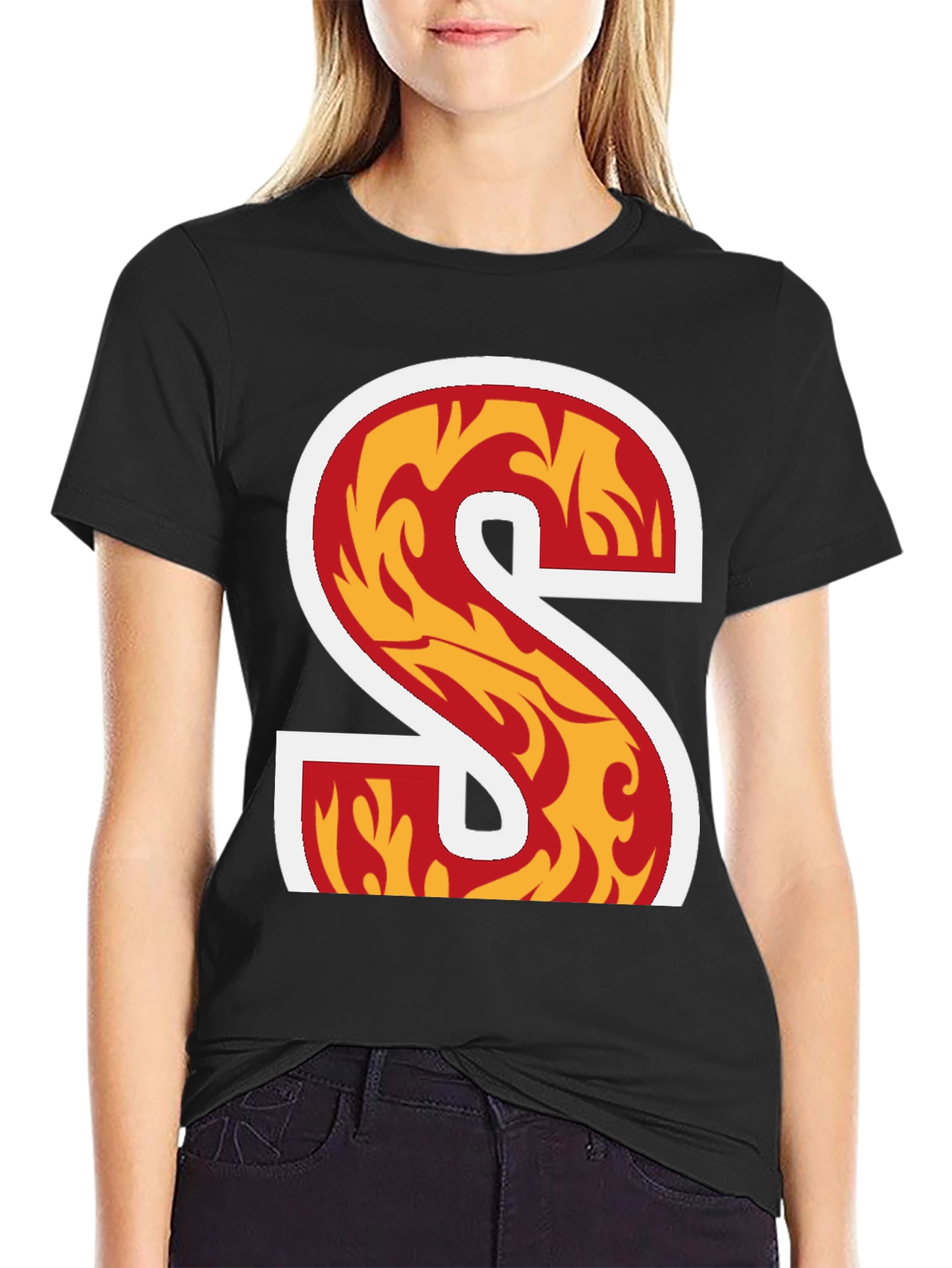 Black Fiery Letter S Graphic Tee - Bold Statement Shirt view 2