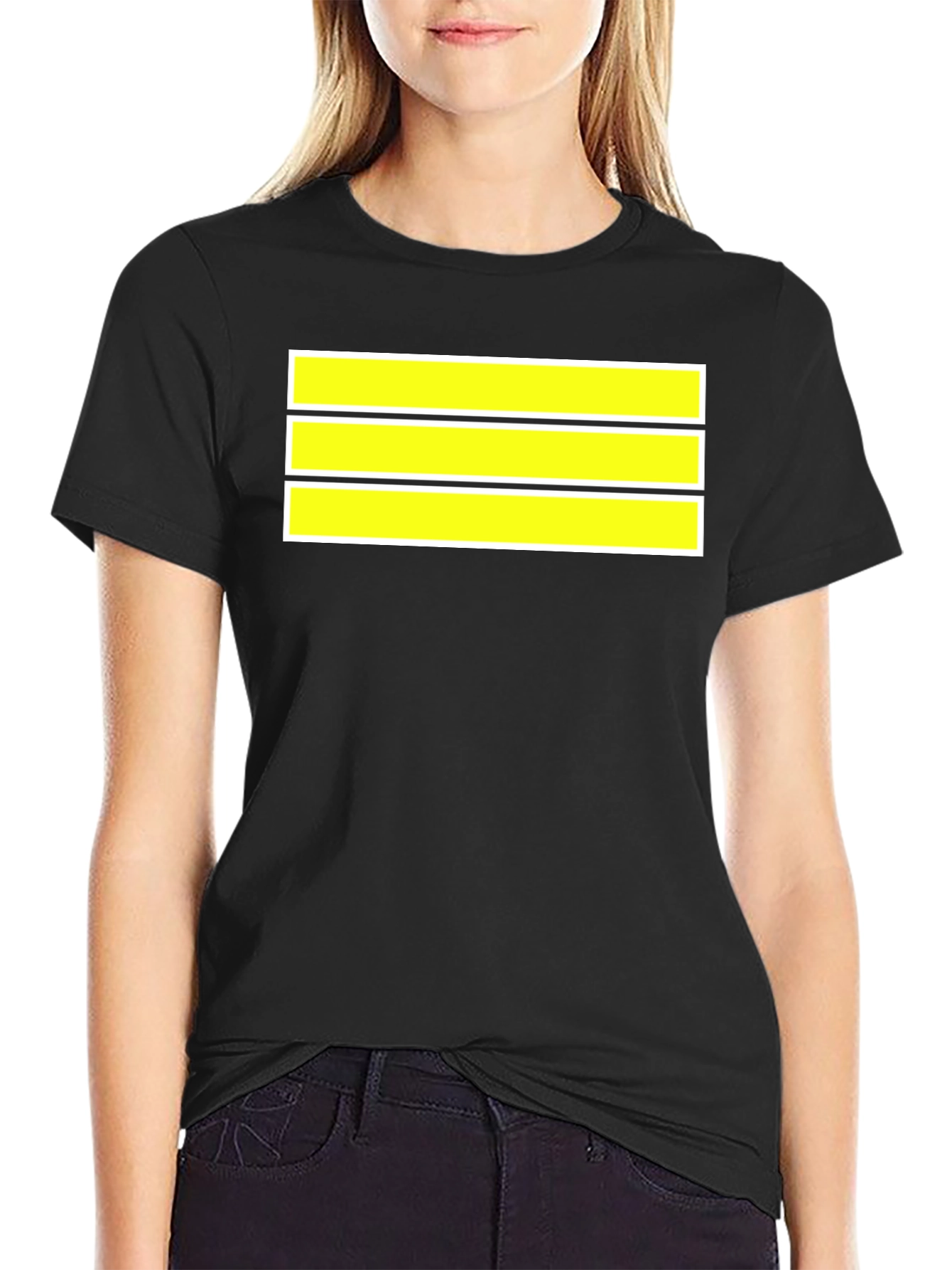 Black Striped Graphic Tee - Bold Yellow Bands on Black Cotton view 2