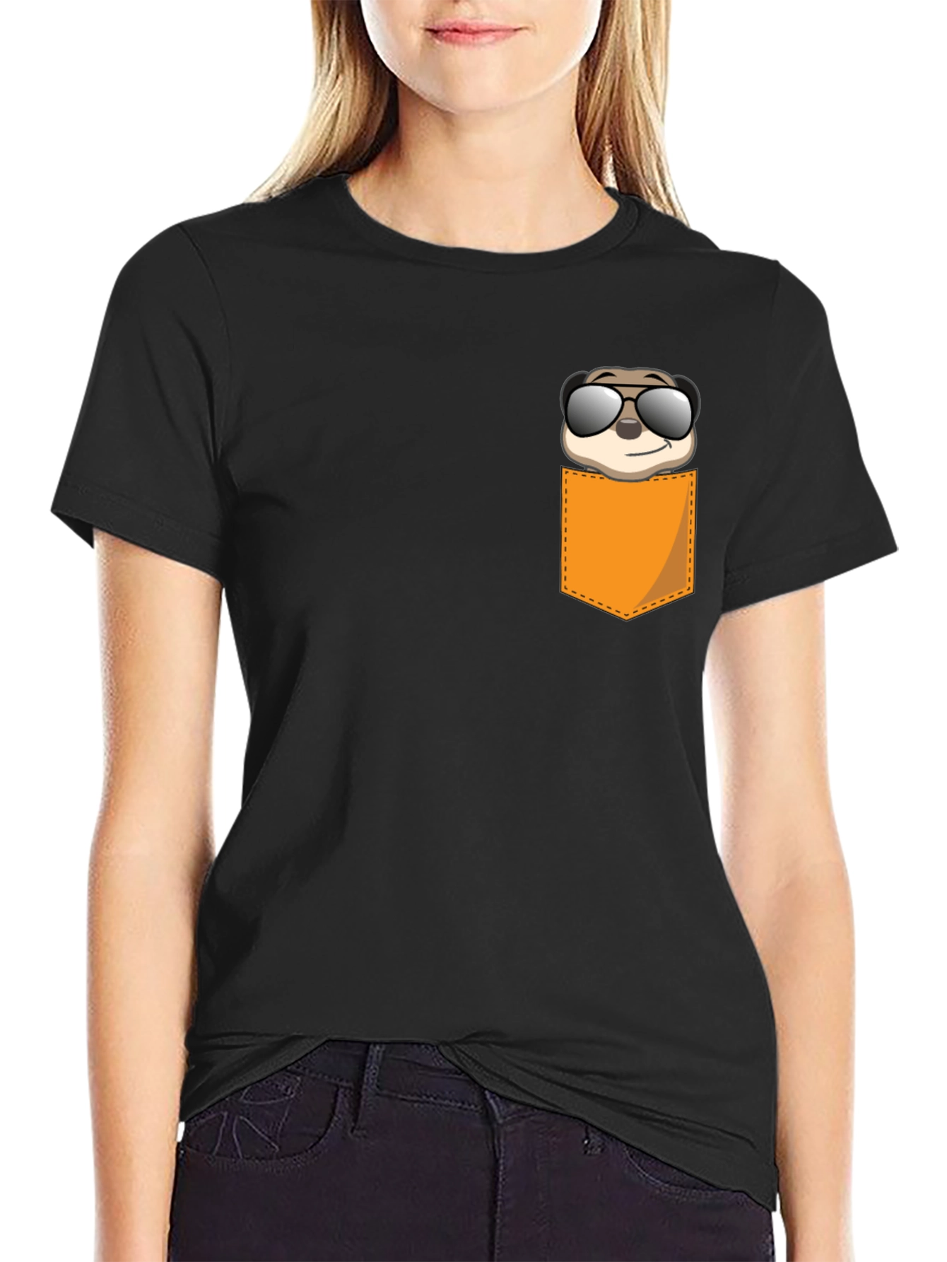 Black Cool Meerkat Pocket Tee - Graphic Print Black T-Shirt view 2