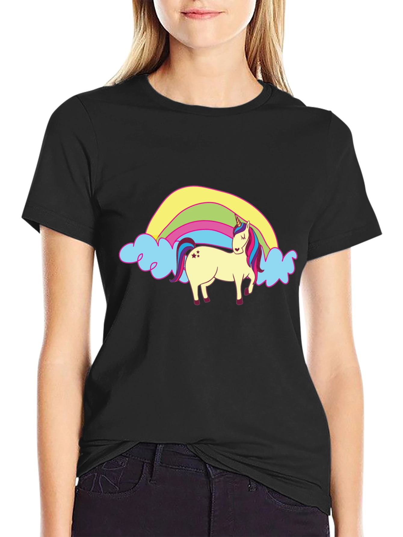 Black Unicorn & Rainbow Graphic Tee - Black Casual T-Shirt view 2