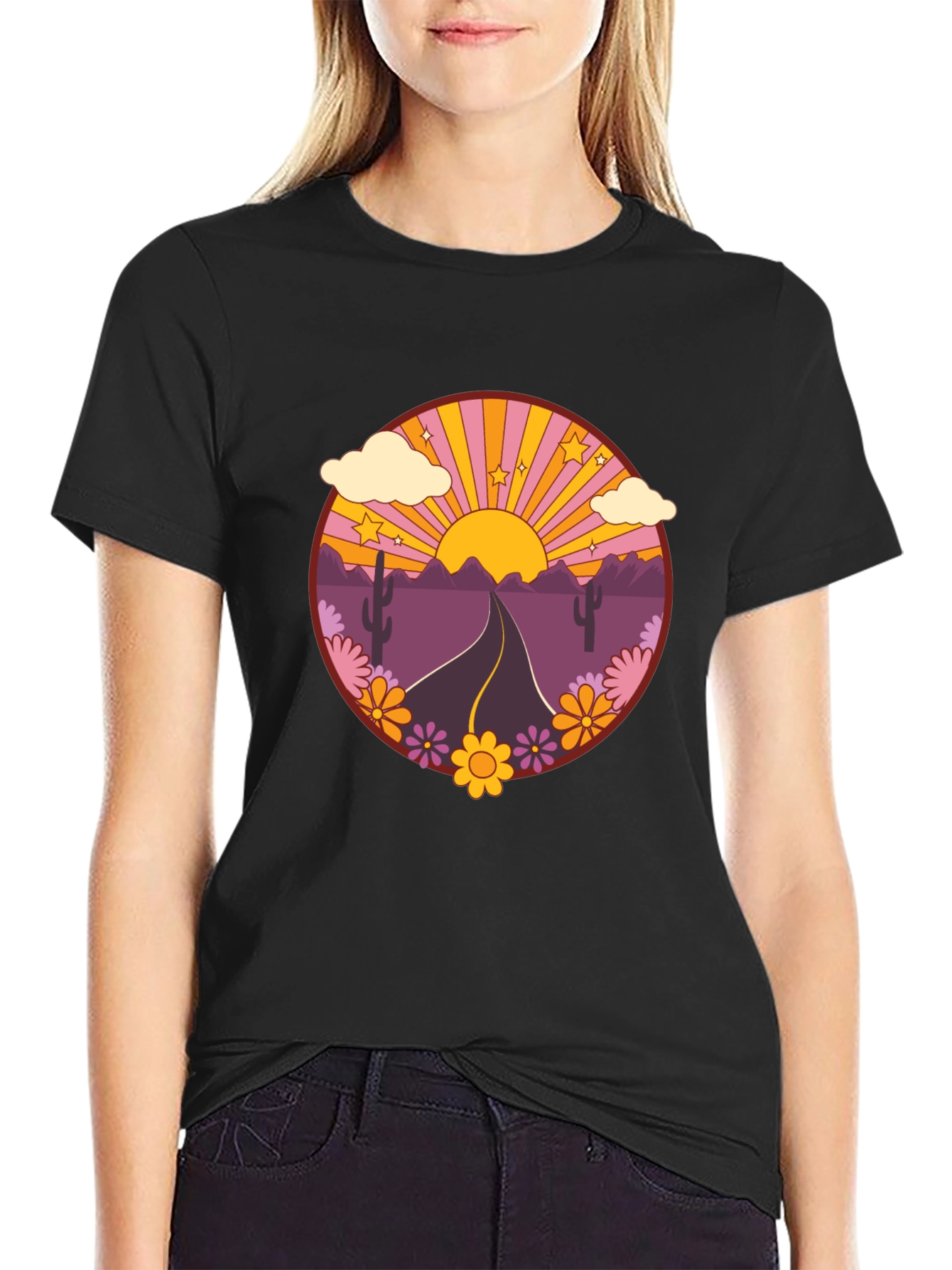 Black Retro Desert Road Trip T-Shirt view 2