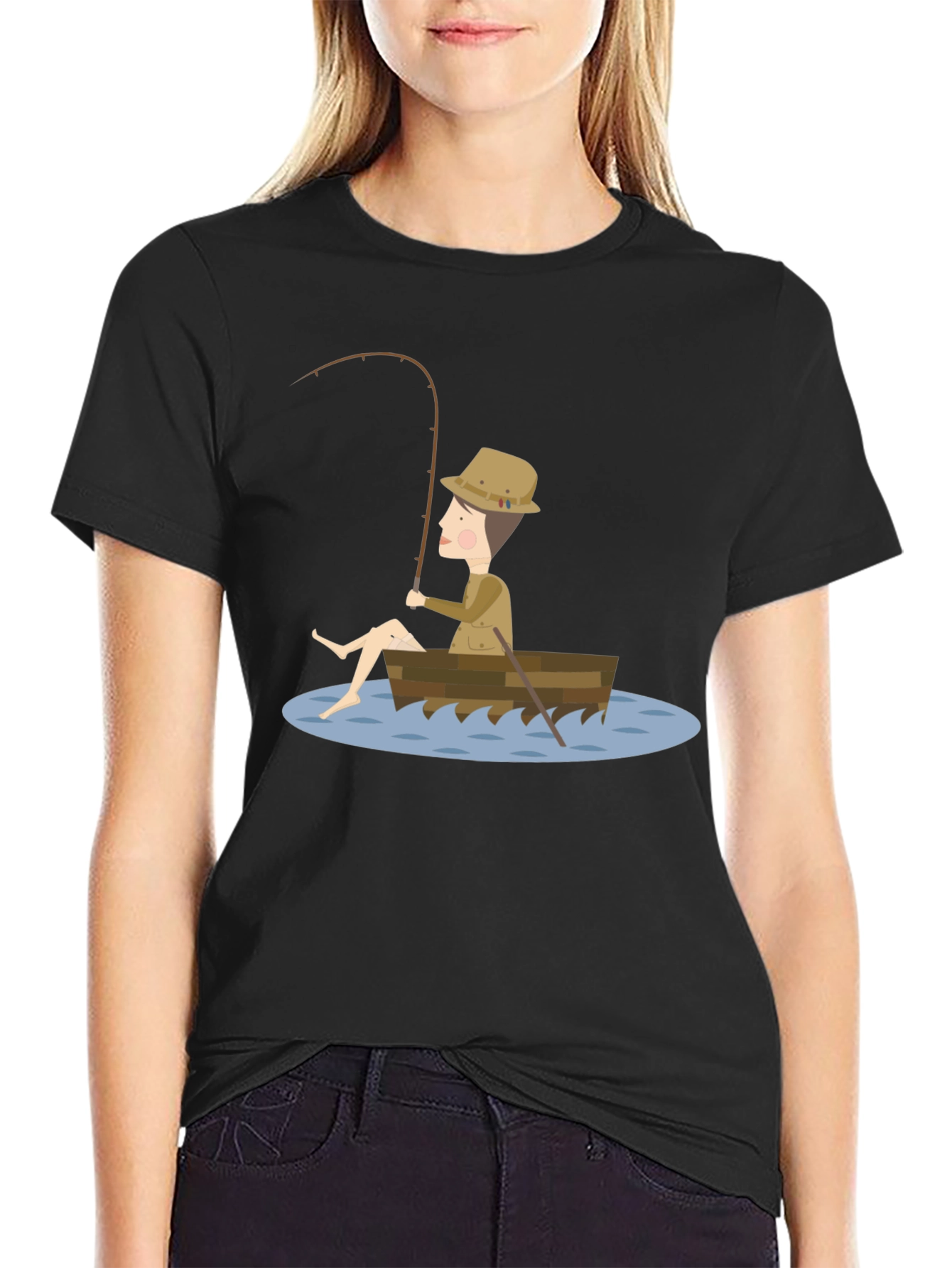 Black Fishing Cartoon Graphic Tee Shirt view 2