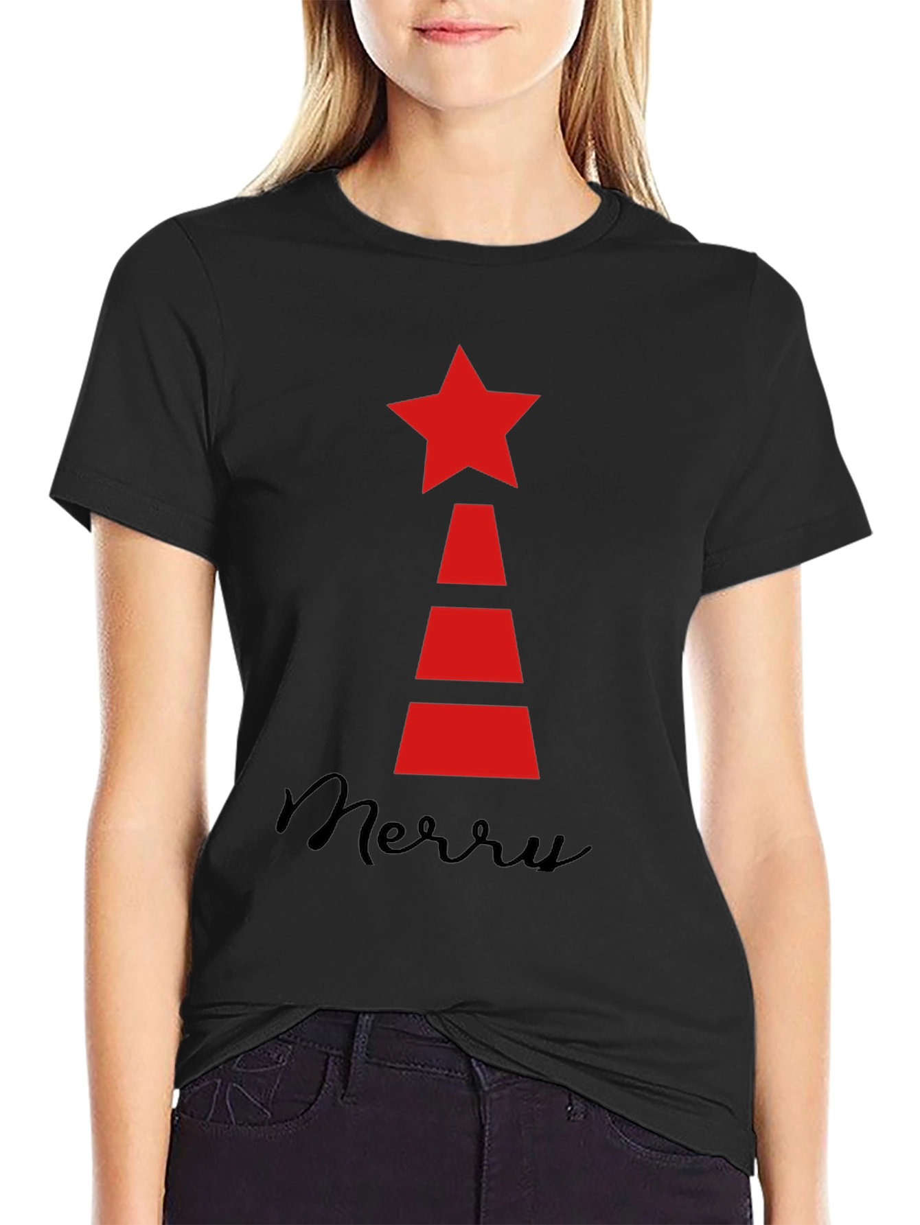 Black Festive Holiday Star Tree T-Shirt view 2