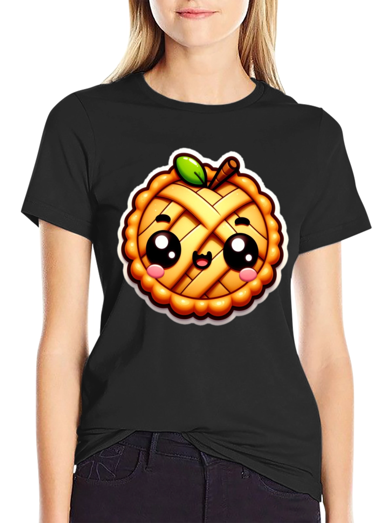 Black Cute Apple Pie Cartoon Black T-Shirt view 2