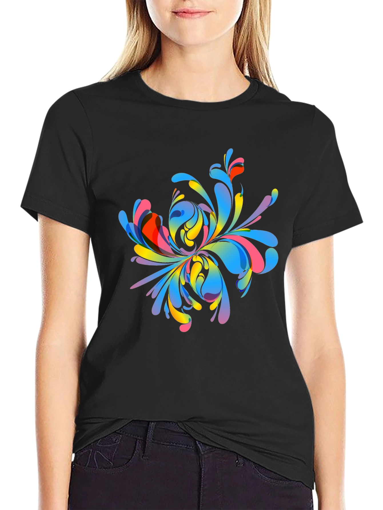 Black Colorful Abstract Floral Graphic Print T-Shirt view 2