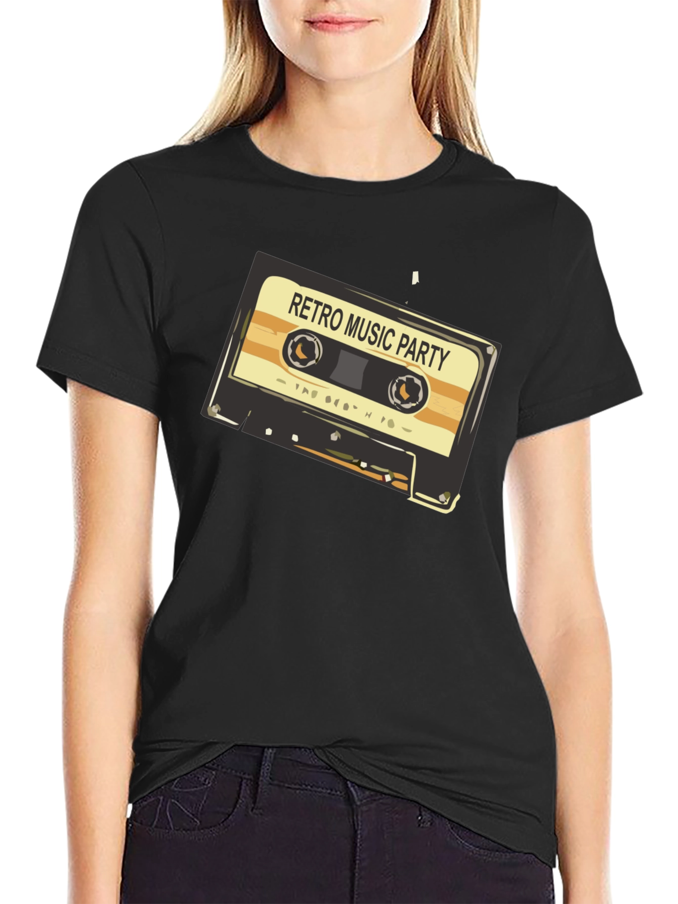 Black Retro Music Party Graphic Tee - Vintage Cassette Design view 2